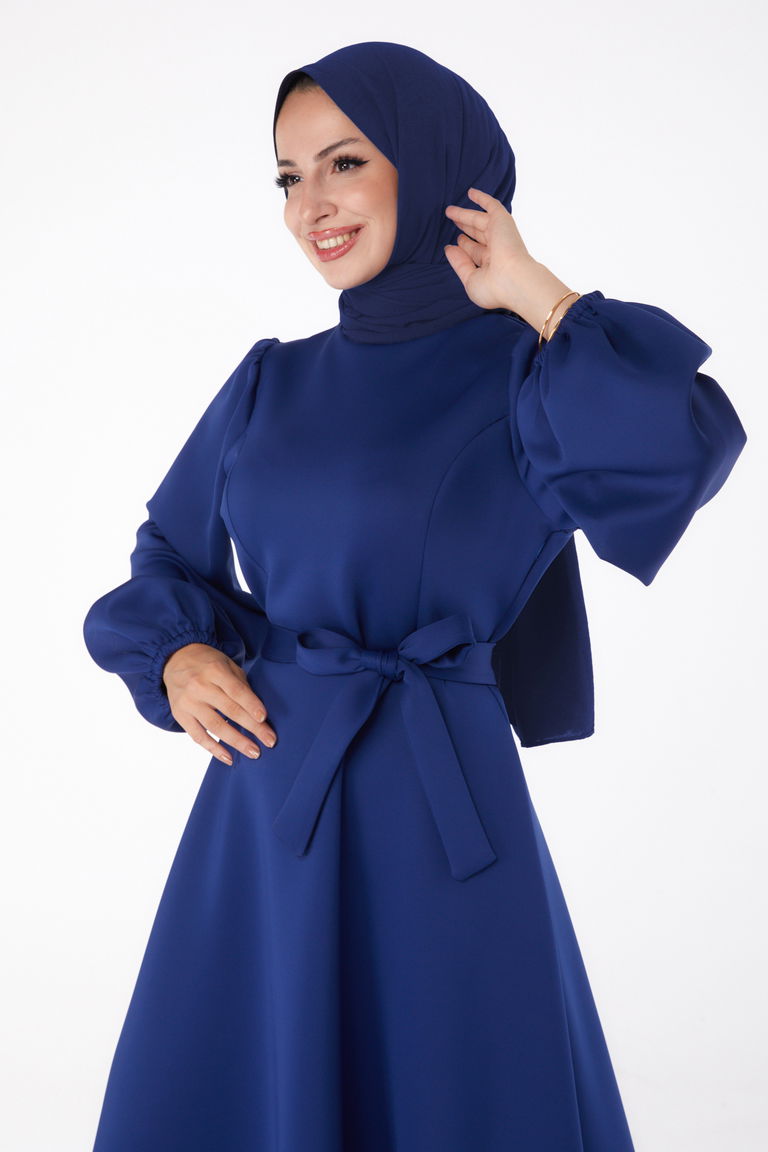 Düz Bisiklet Yaka Kadın Lacivert Kuşaklı Elbise - 26272 - TOFİSA