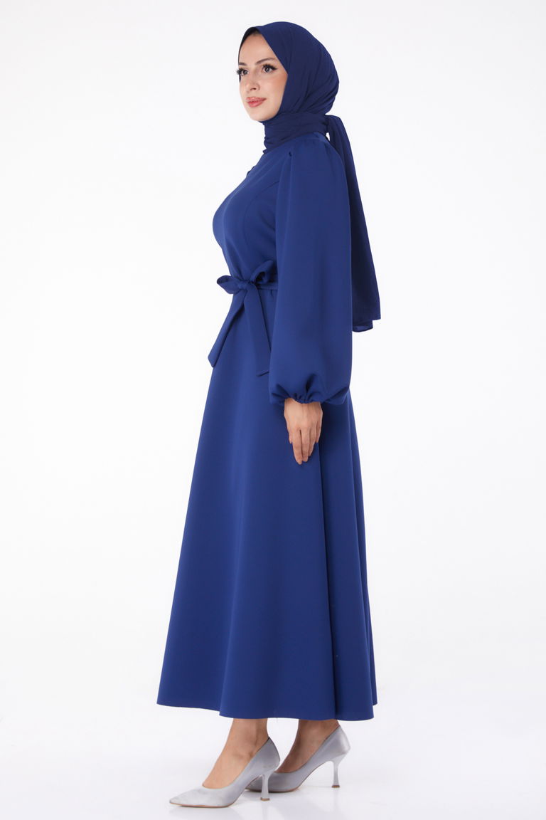 Düz Bisiklet Yaka Kadın Lacivert Kuşaklı Elbise - 26272 - TOFİSA