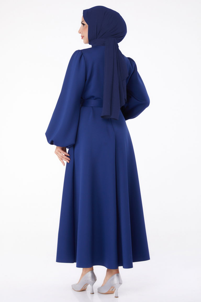 Düz Bisiklet Yaka Kadın Lacivert Kuşaklı Elbise - 26272 - TOFİSA