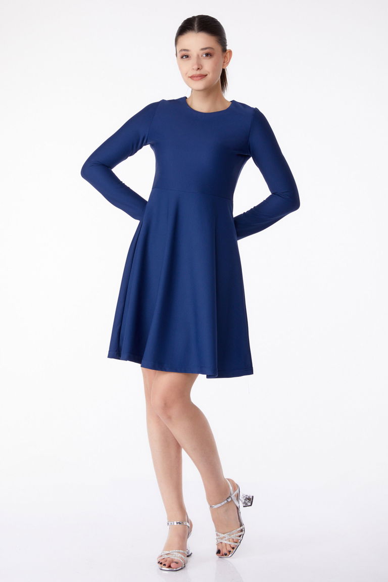 Düz Bisiklet Yaka Kadın Lacivert Mini Abiye Elbise - 13191 - TOFİSA