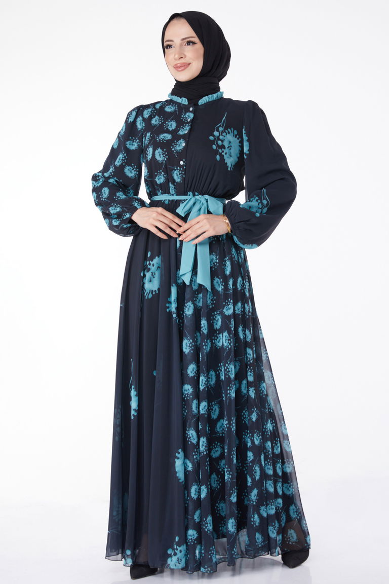 Kuşaklı Abiye Elbise Lacivert Mint - 25204 - TOFİSA