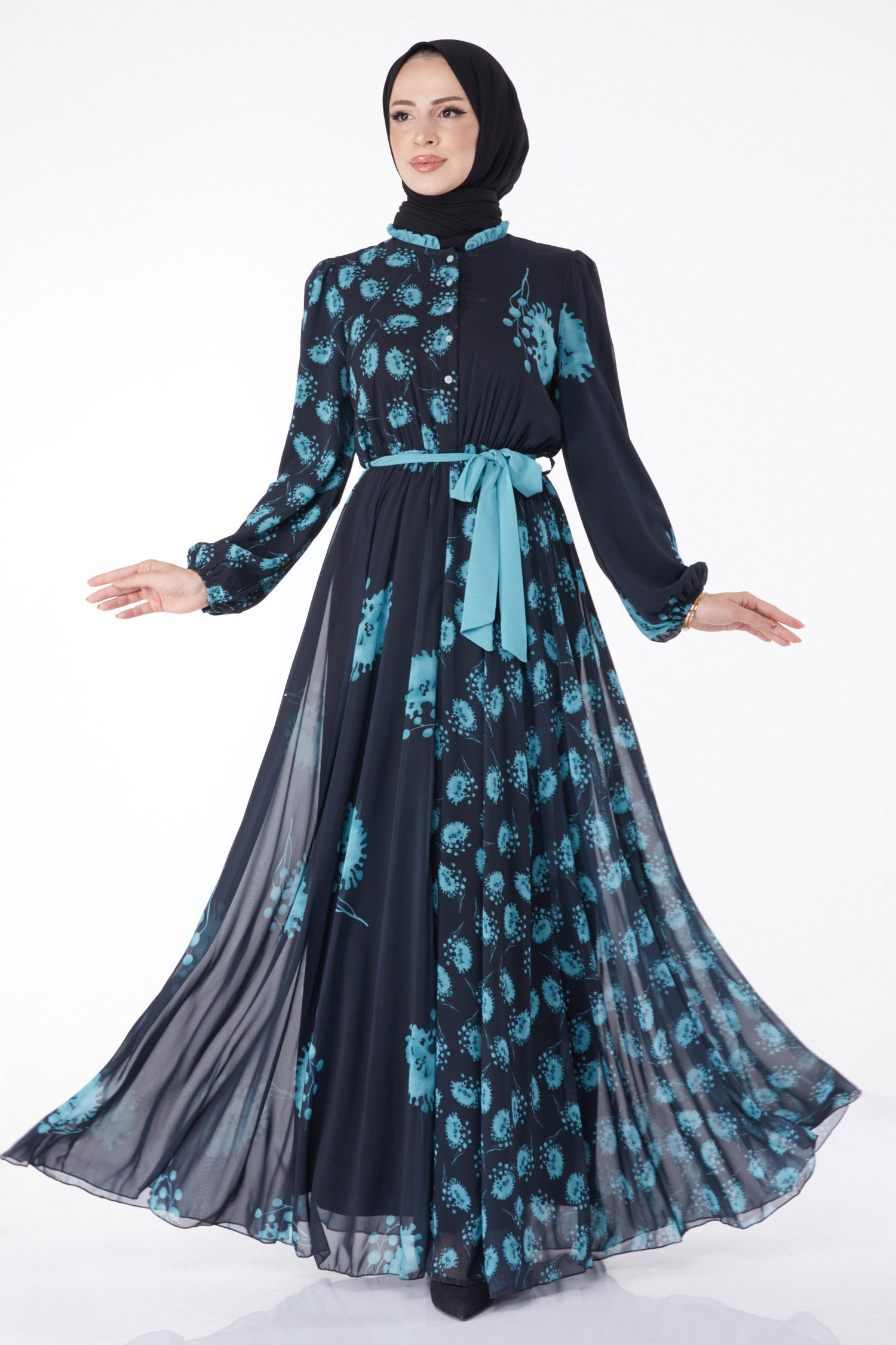 Kuşaklı Abiye Elbise Lacivert Mint - 25204 - 2