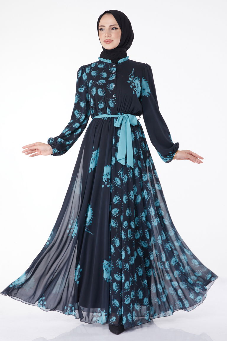 Kuşaklı Abiye Elbise Lacivert Mint - 25204 - TOFİSA