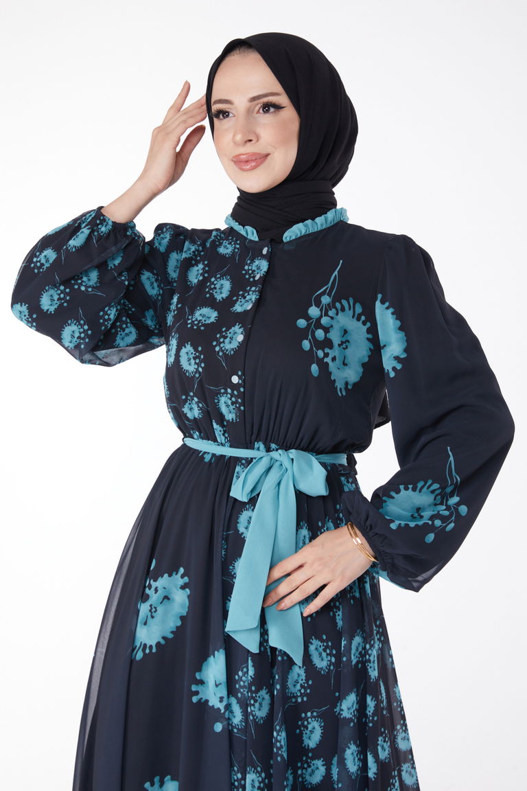 Kuşaklı Abiye Elbise Lacivert Mint - 25204 - TOFİSA