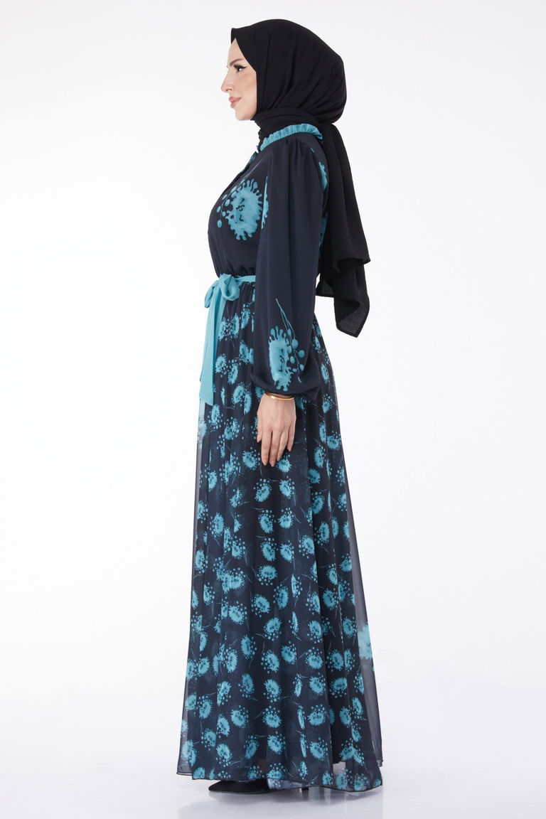 Kuşaklı Abiye Elbise Lacivert Mint - 25204 - TOFİSA