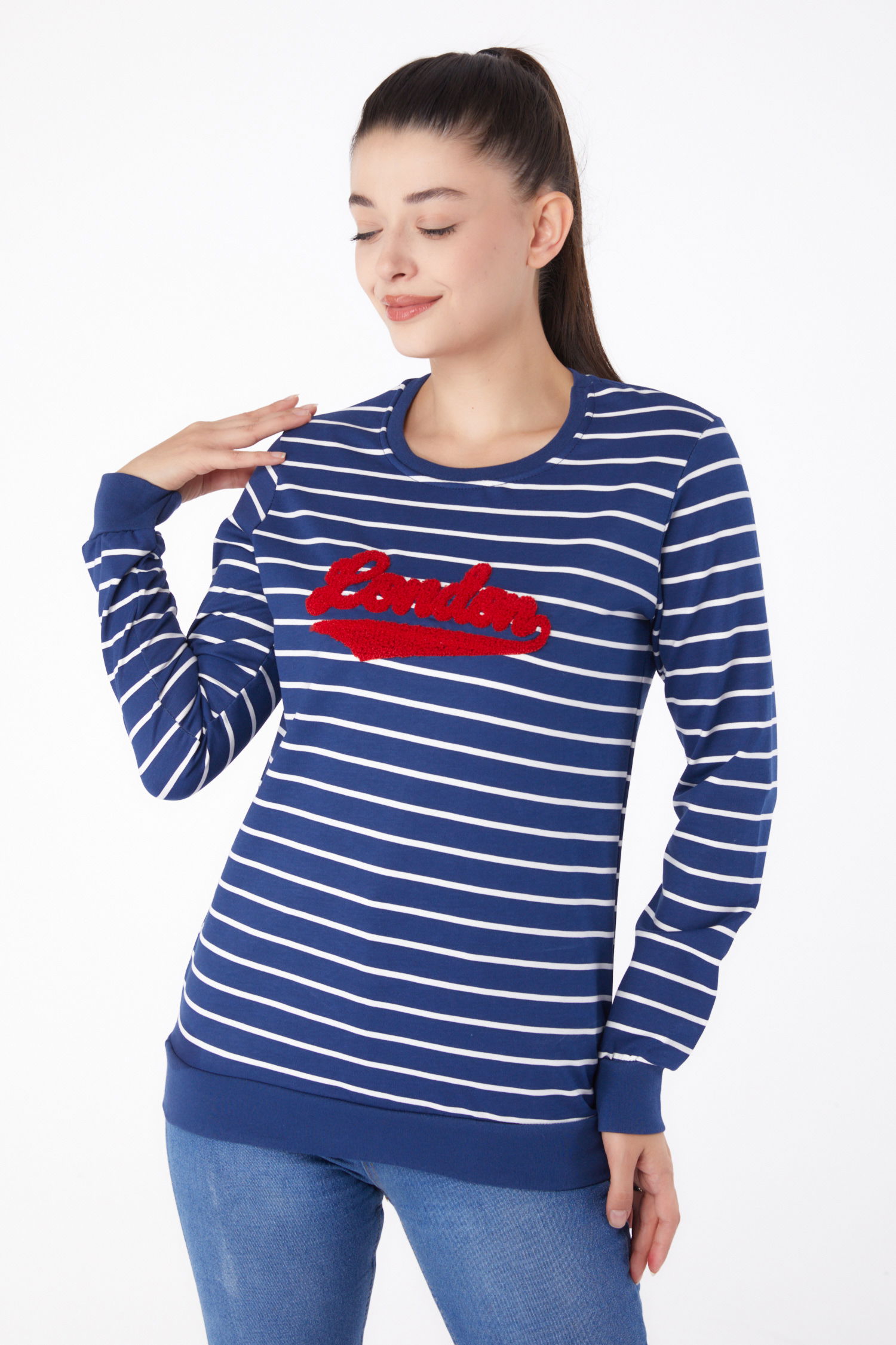 Nakışlı Sweatshirt Lacivert - 26287 - 2