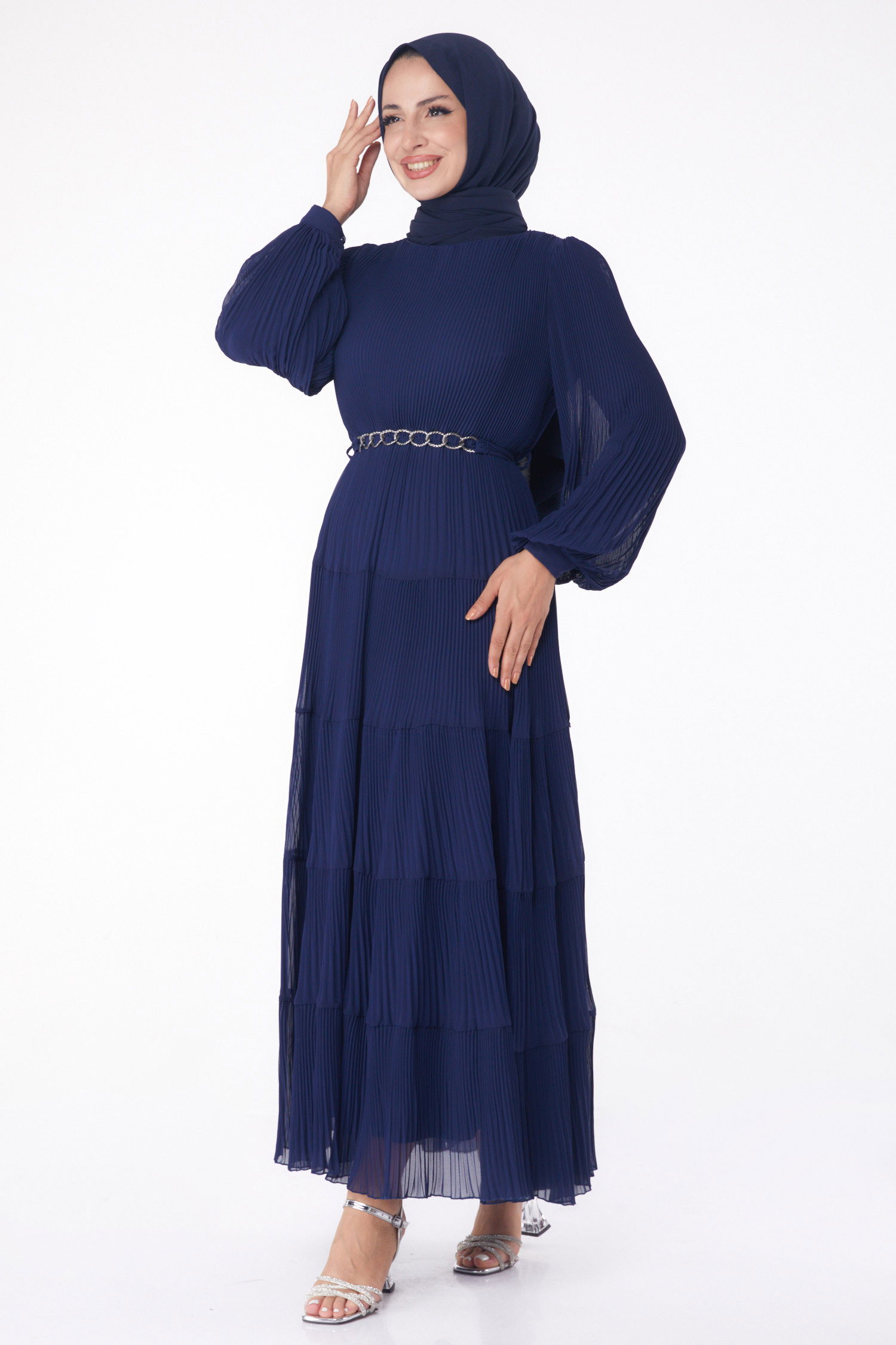 Pliseli Abiye Elbise Lacivert - 26198 - 2