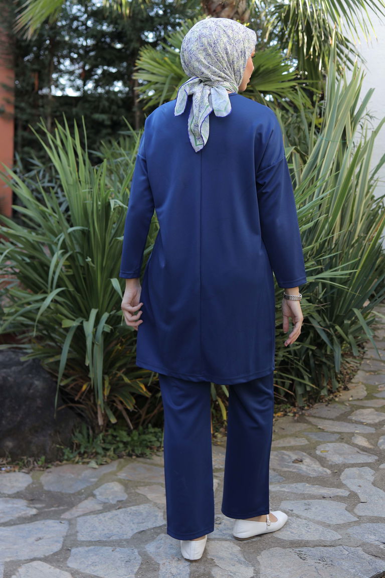 Düz Bisiklet Yaka Kadın Lacivert Spor Tunik Pantolon İkili Takım - 13154 - TOFİSA