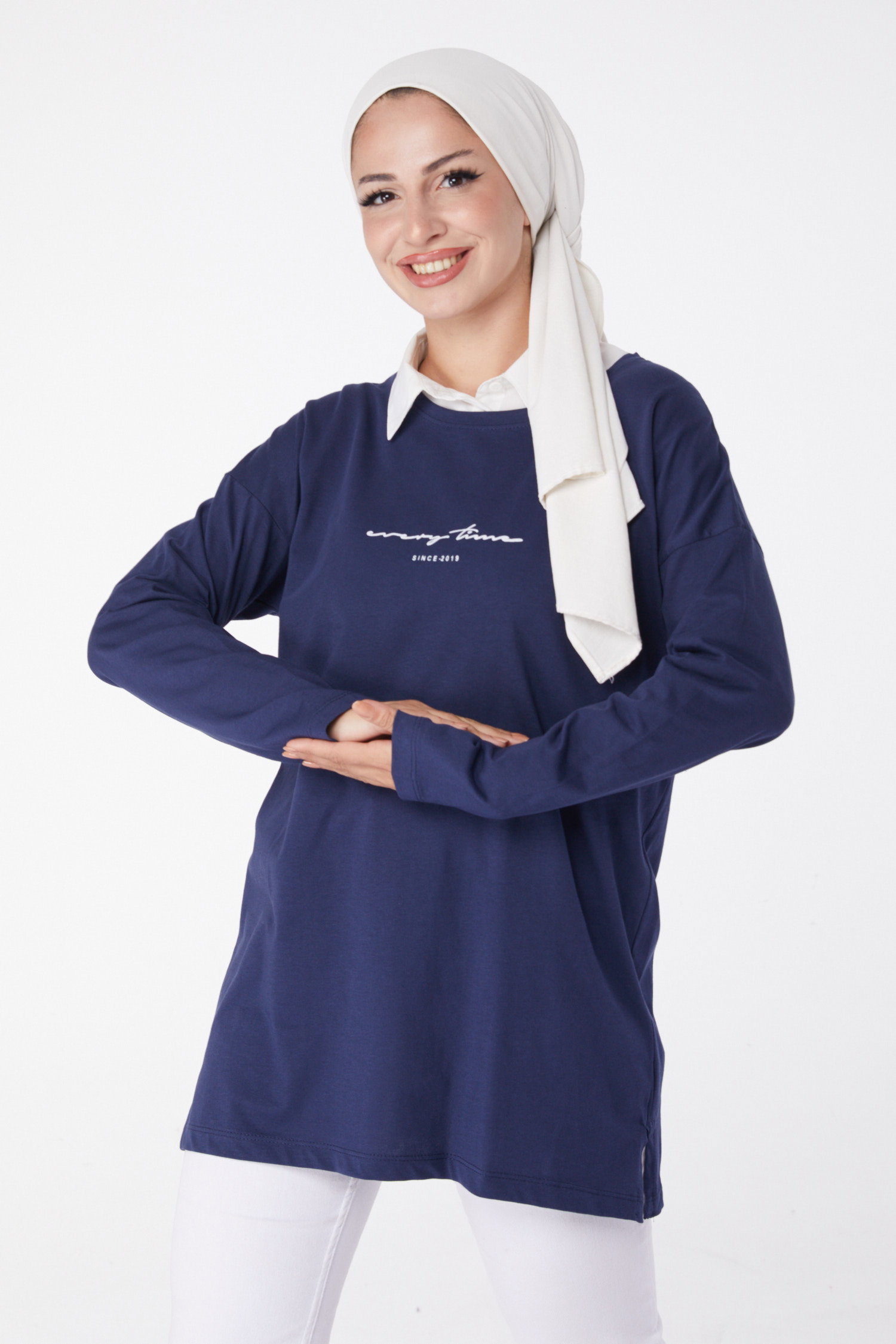 Düz Bisiklet Yaka Kadın Lacivert T-Shirt - 24190 - 2