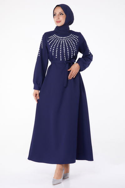 Taş Detaylı Elbise Lacivert - 26282 