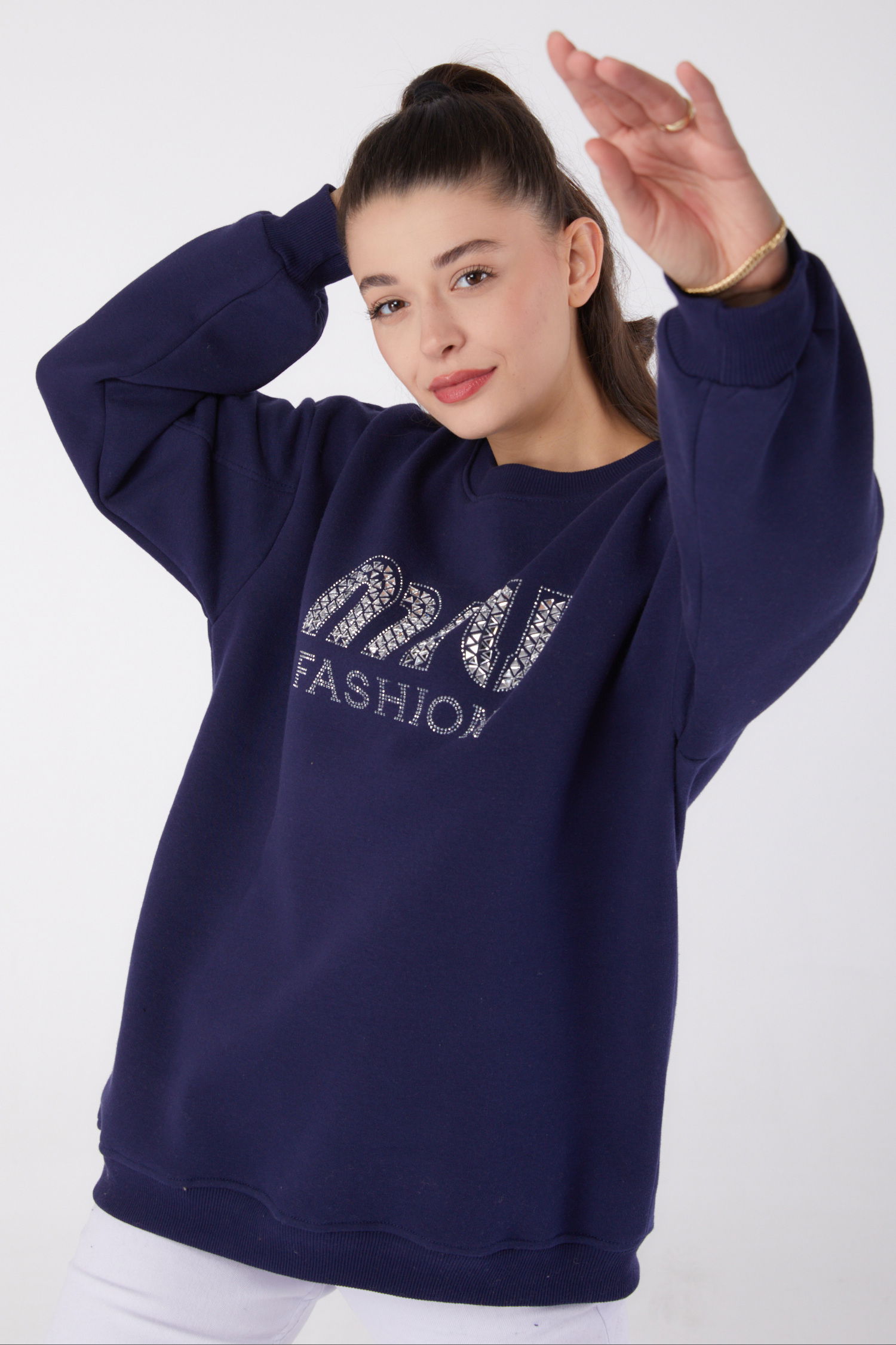 Düz Bisiklet Yaka Kadın Lacivert Taşlı Sweatshirt - 26478 - 1