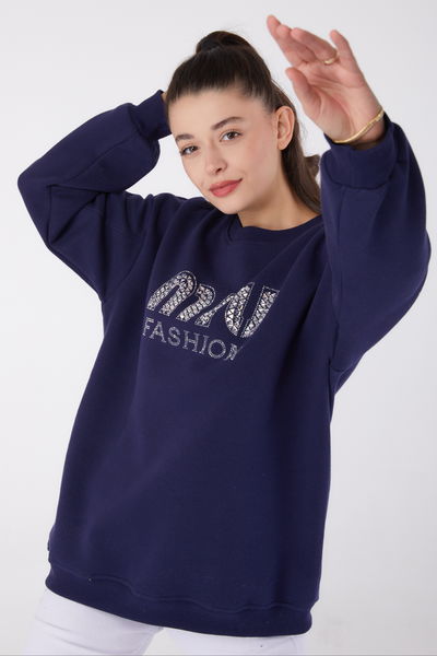 Düz Bisiklet Yaka Kadın Lacivert Taşlı Sweatshirt - 26478 