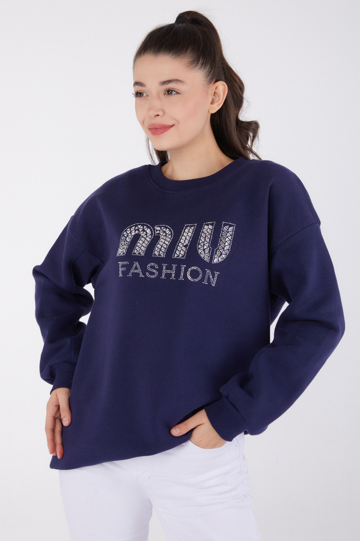 Düz Bisiklet Yaka Kadın Lacivert Taşlı Sweatshirt - 26478 - 2