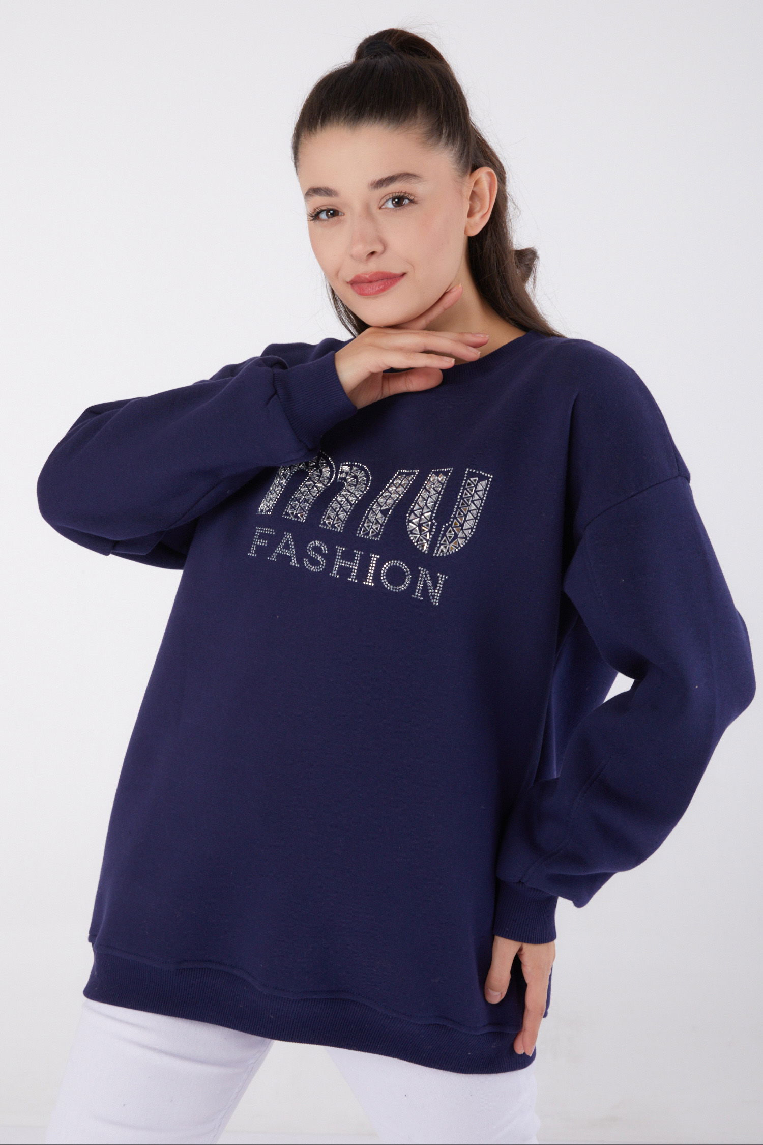 Düz Bisiklet Yaka Kadın Lacivert Taşlı Sweatshirt - 26478 - 3