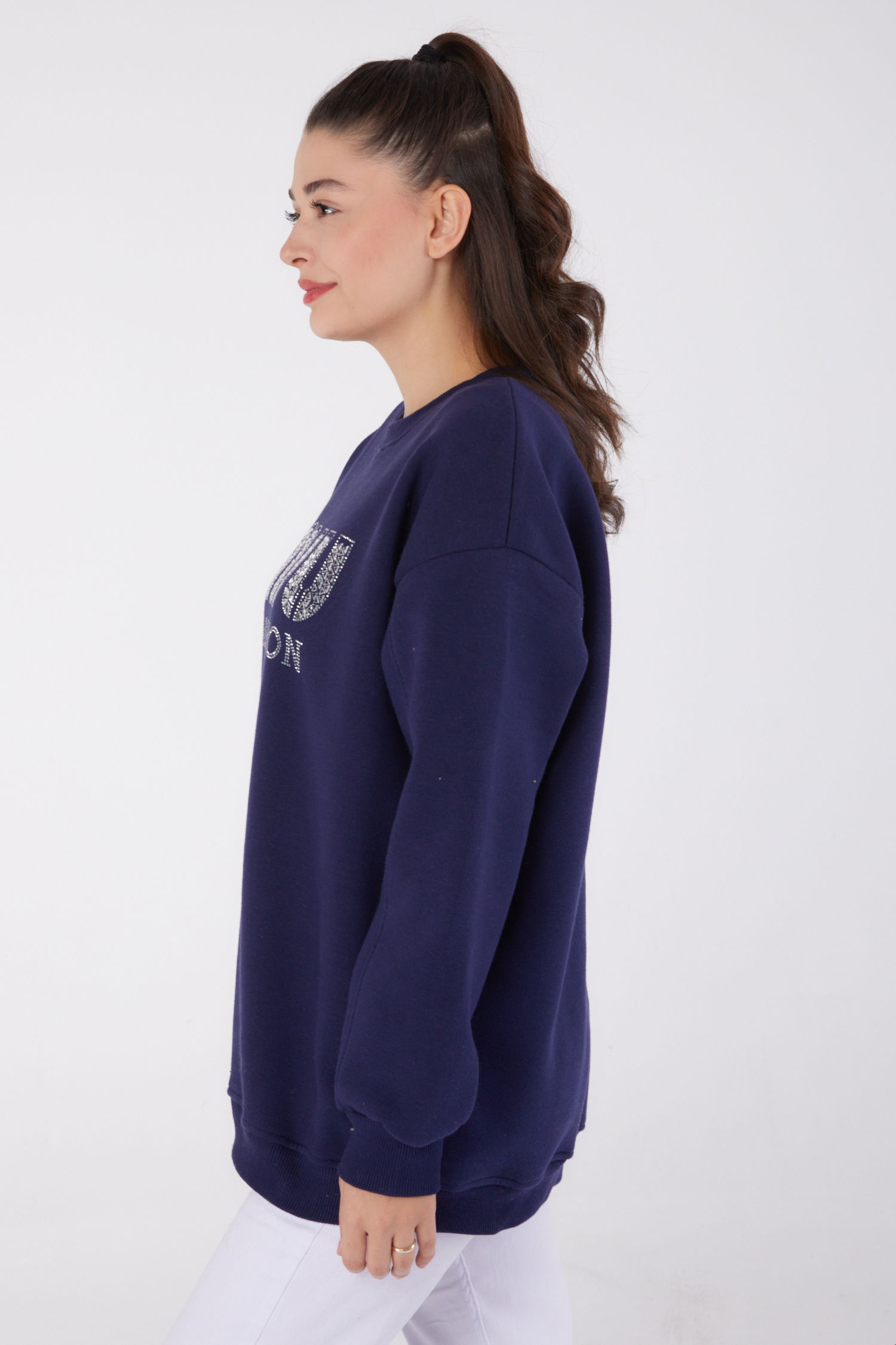 Düz Bisiklet Yaka Kadın Lacivert Taşlı Sweatshirt - 26478 - 4