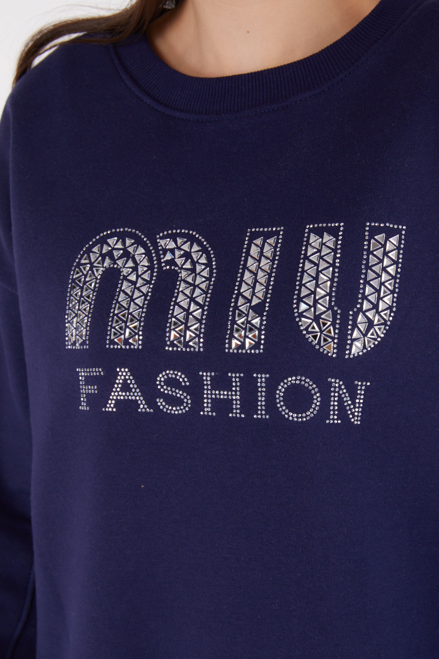 Düz Bisiklet Yaka Kadın Lacivert Taşlı Sweatshirt - 26478 - 6