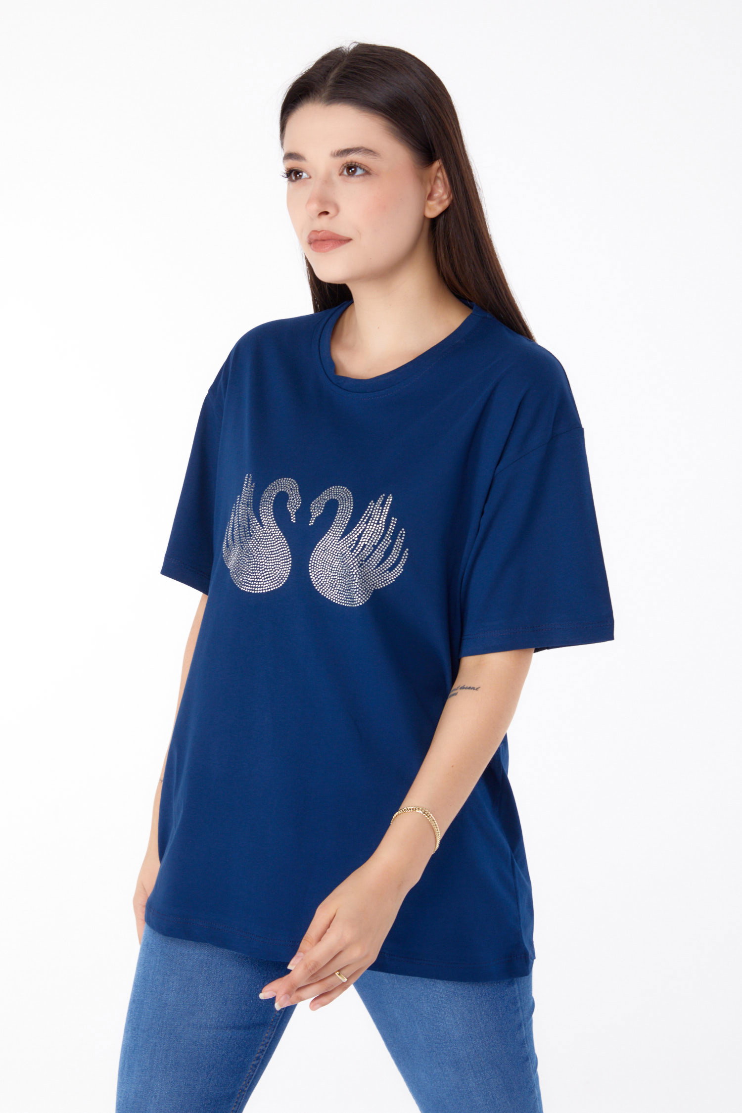 Düz Bisiklet Yaka Kadın Lacivert Taşlı T-shirt - 25696 - 1
