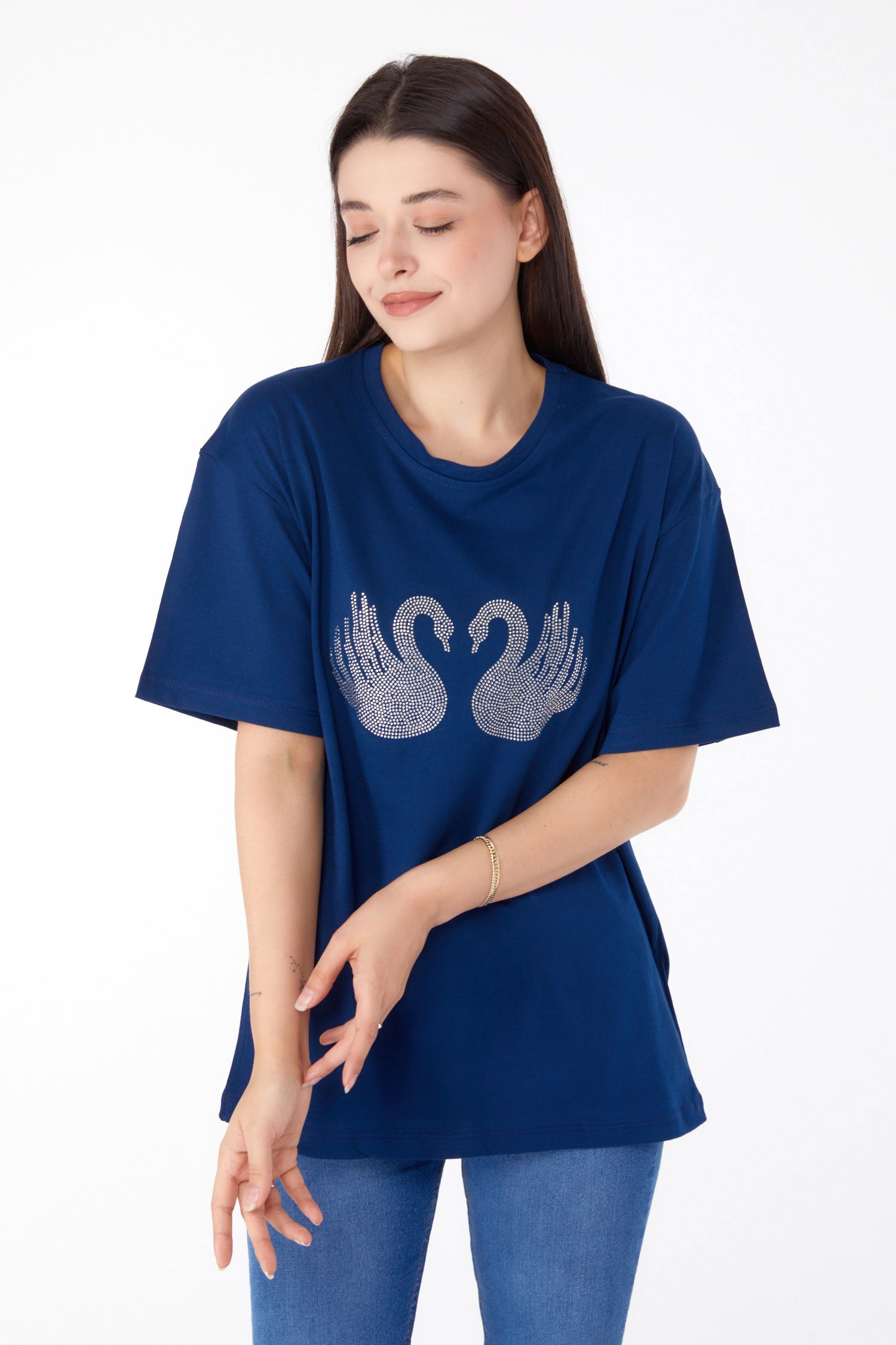 Düz Bisiklet Yaka Kadın Lacivert Taşlı T-shirt - 25696 - 2
