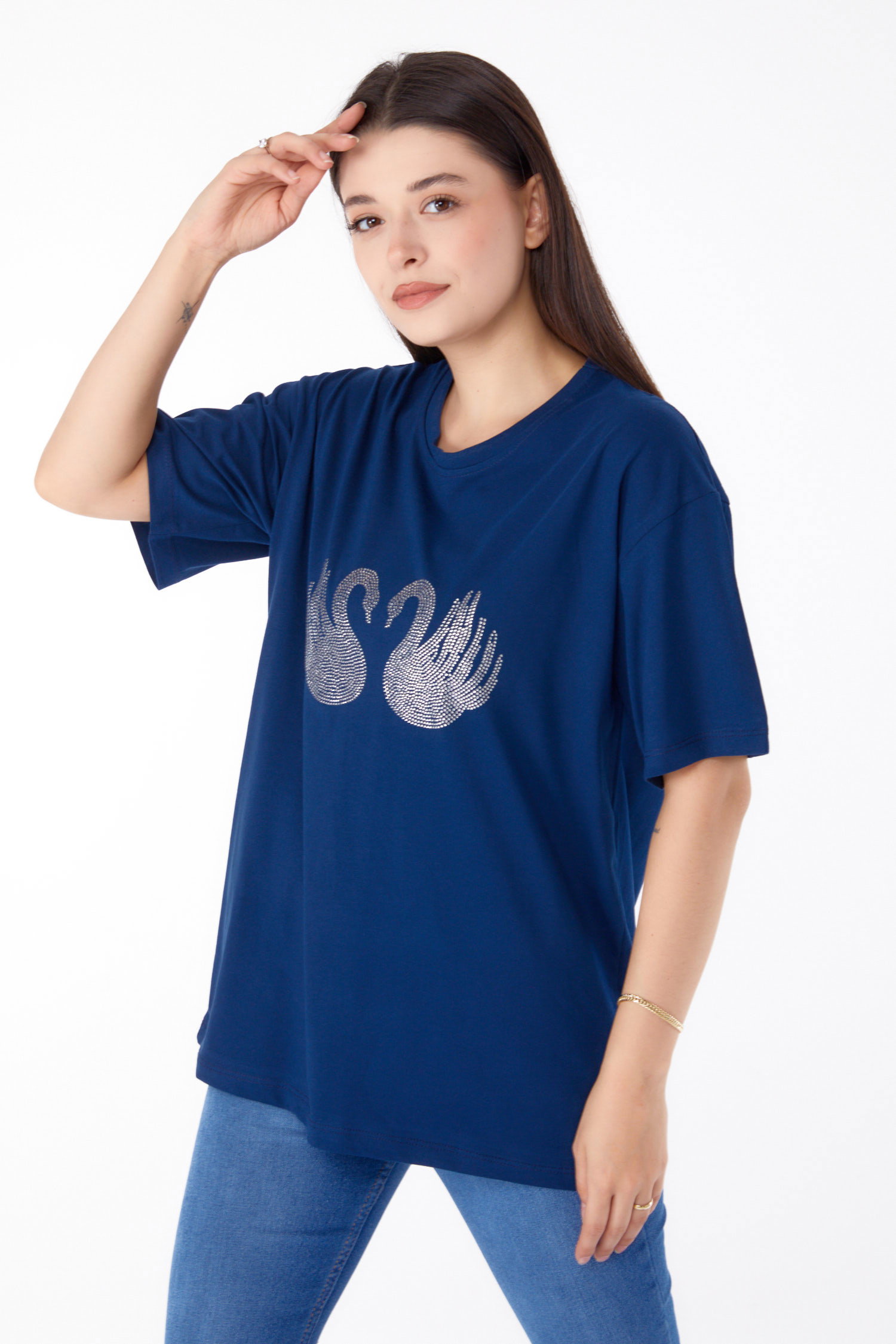 Düz Bisiklet Yaka Kadın Lacivert Taşlı T-shirt - 25696 - 3