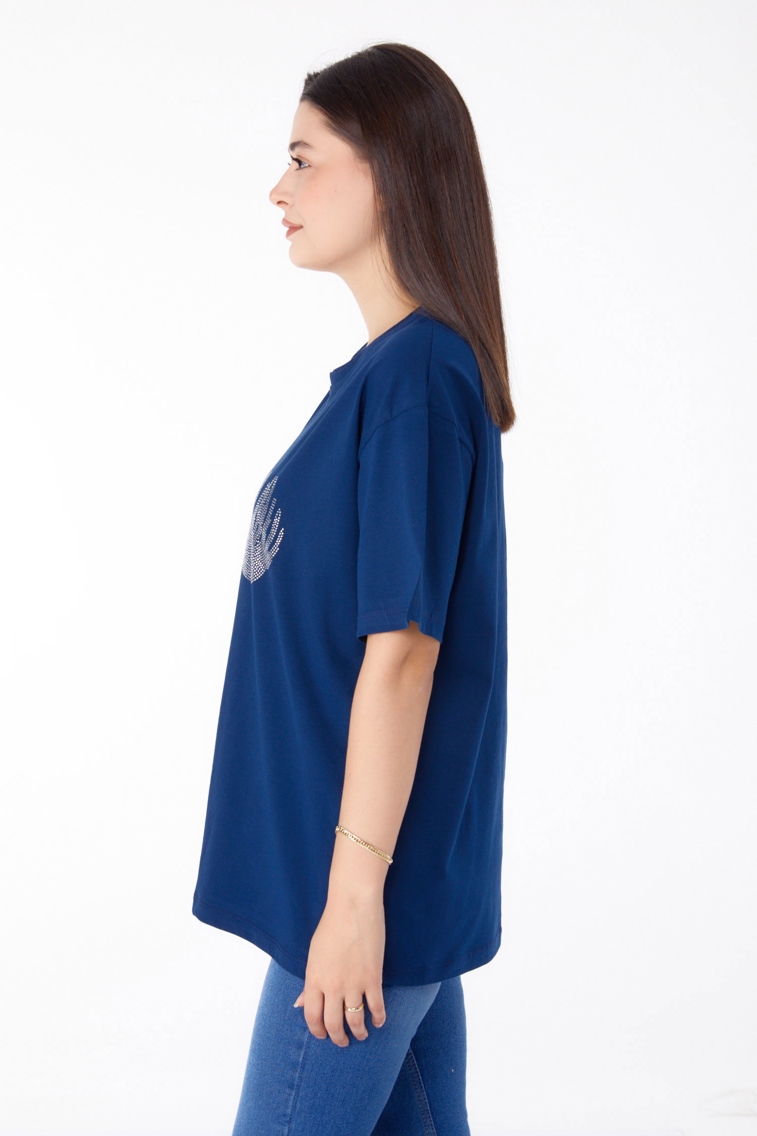 Düz Bisiklet Yaka Kadın Lacivert Taşlı T-shirt - 25696 - 4