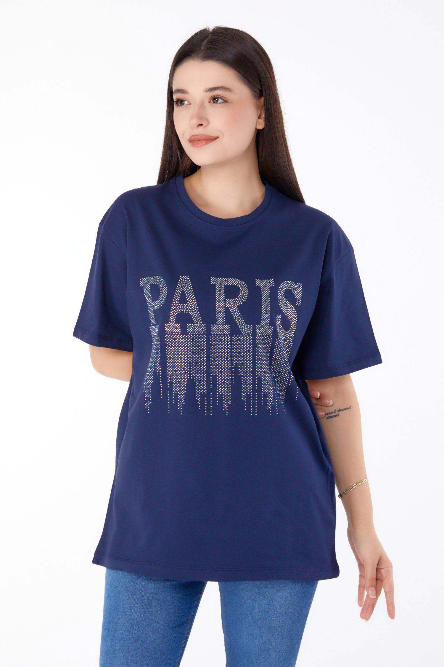 Düz Bisiklet Yaka Kadın Lacivert Taşlı T-shirt - 25698 - 1