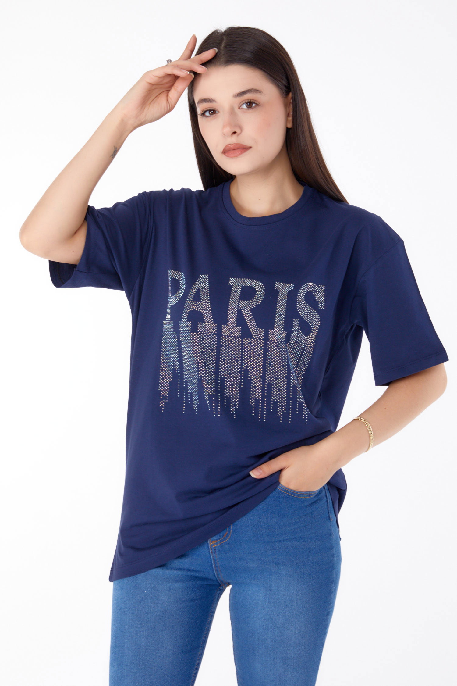 Düz Bisiklet Yaka Kadın Lacivert Taşlı T-shirt - 25698 - 2