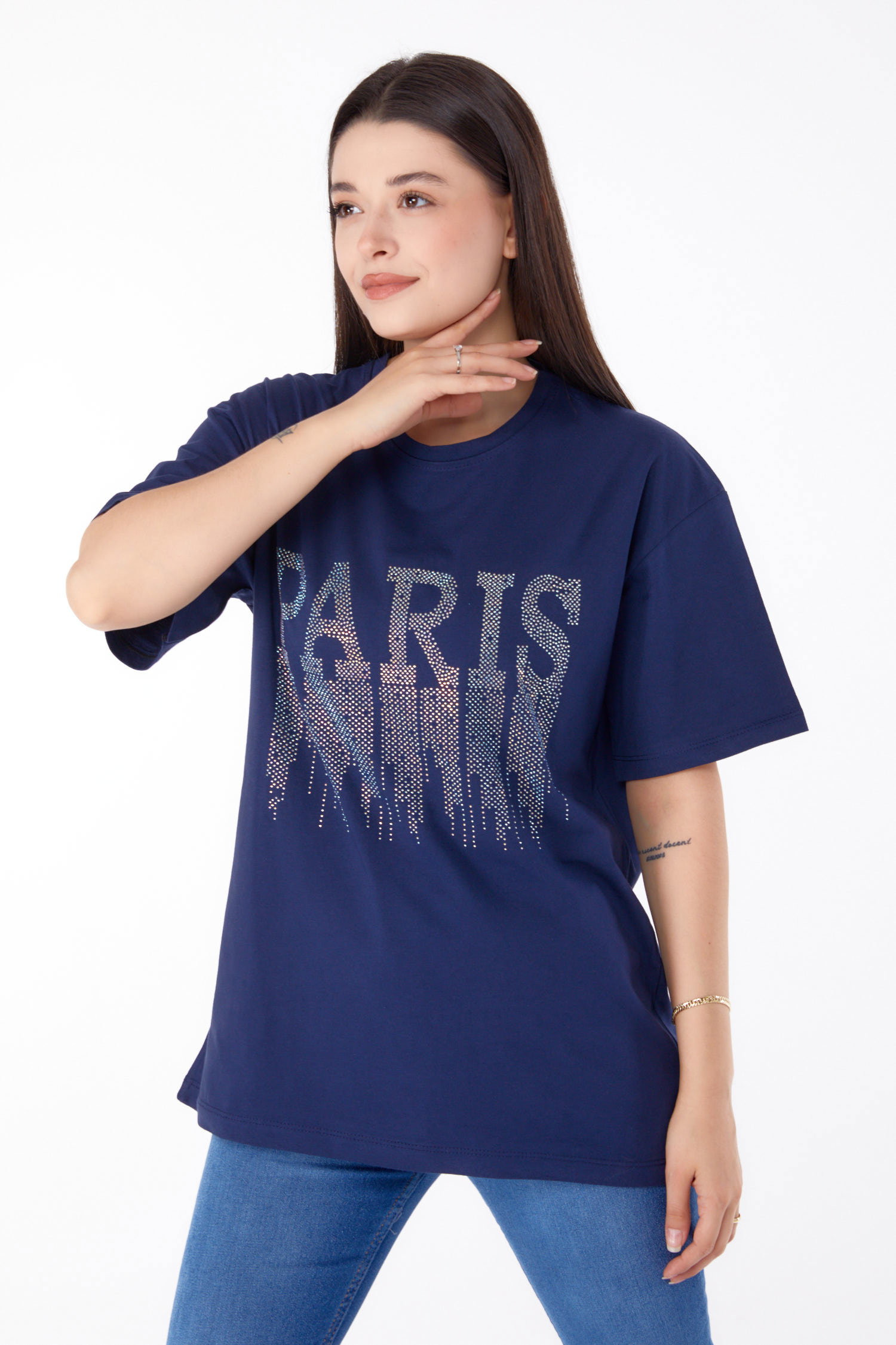 Düz Bisiklet Yaka Kadın Lacivert Taşlı T-shirt - 25698 - 3