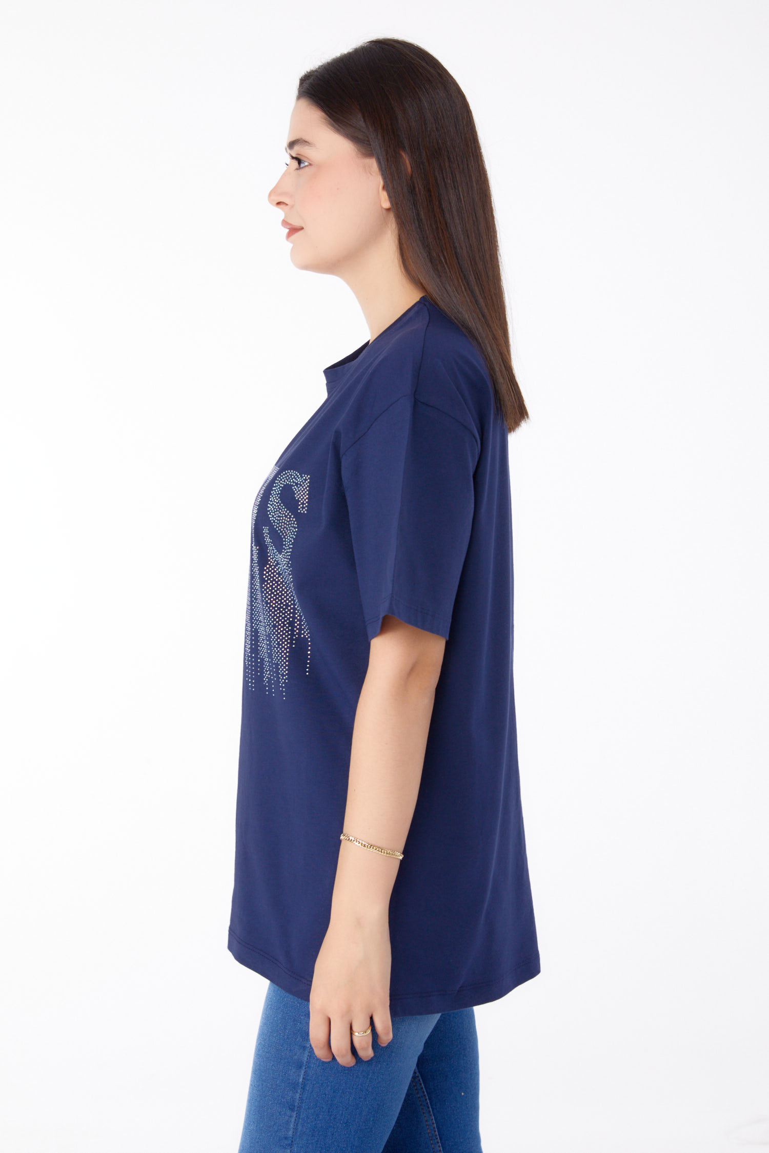 Düz Bisiklet Yaka Kadın Lacivert Taşlı T-shirt - 25698 - 4