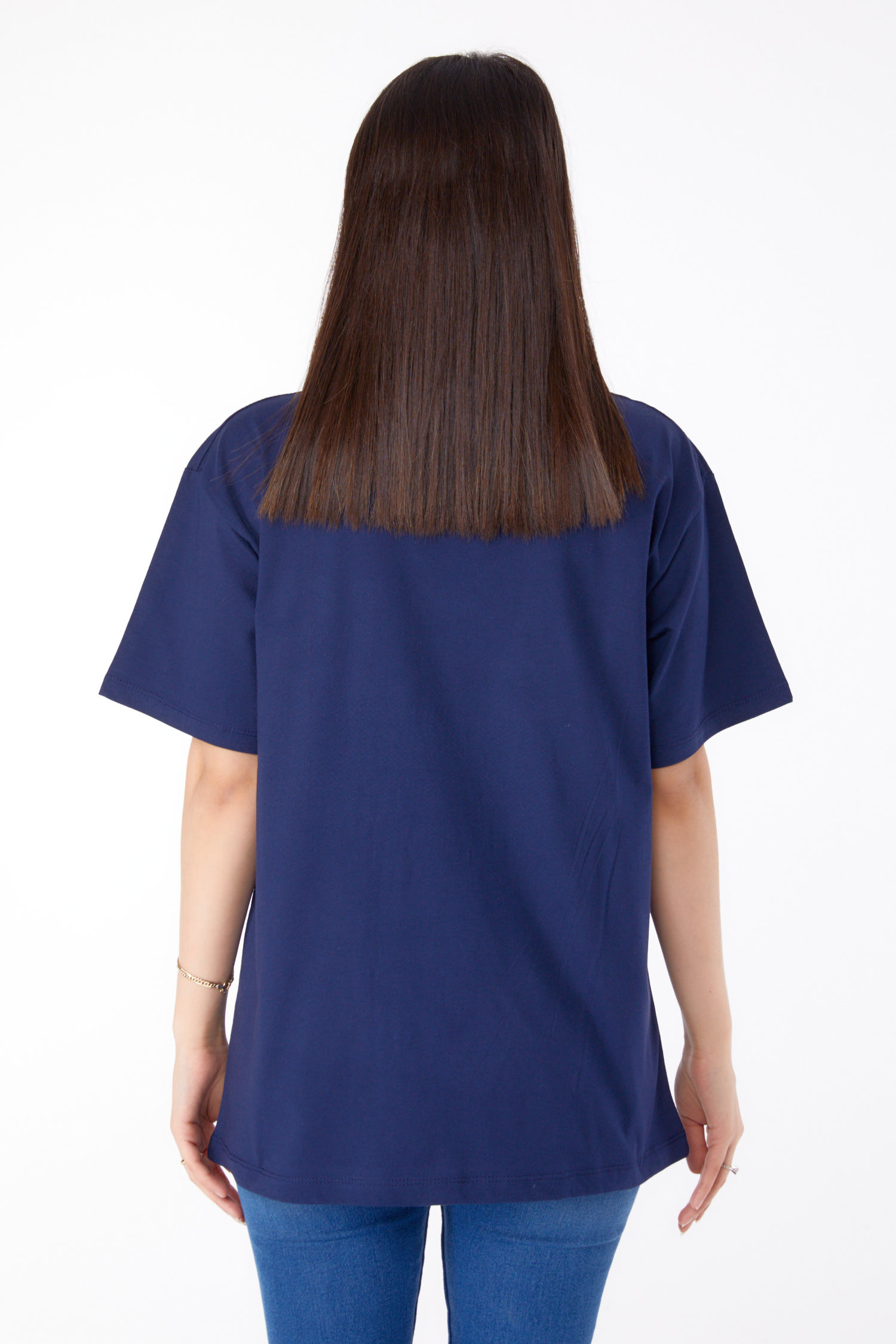 Düz Bisiklet Yaka Kadın Lacivert Taşlı T-shirt - 25698 - 5
