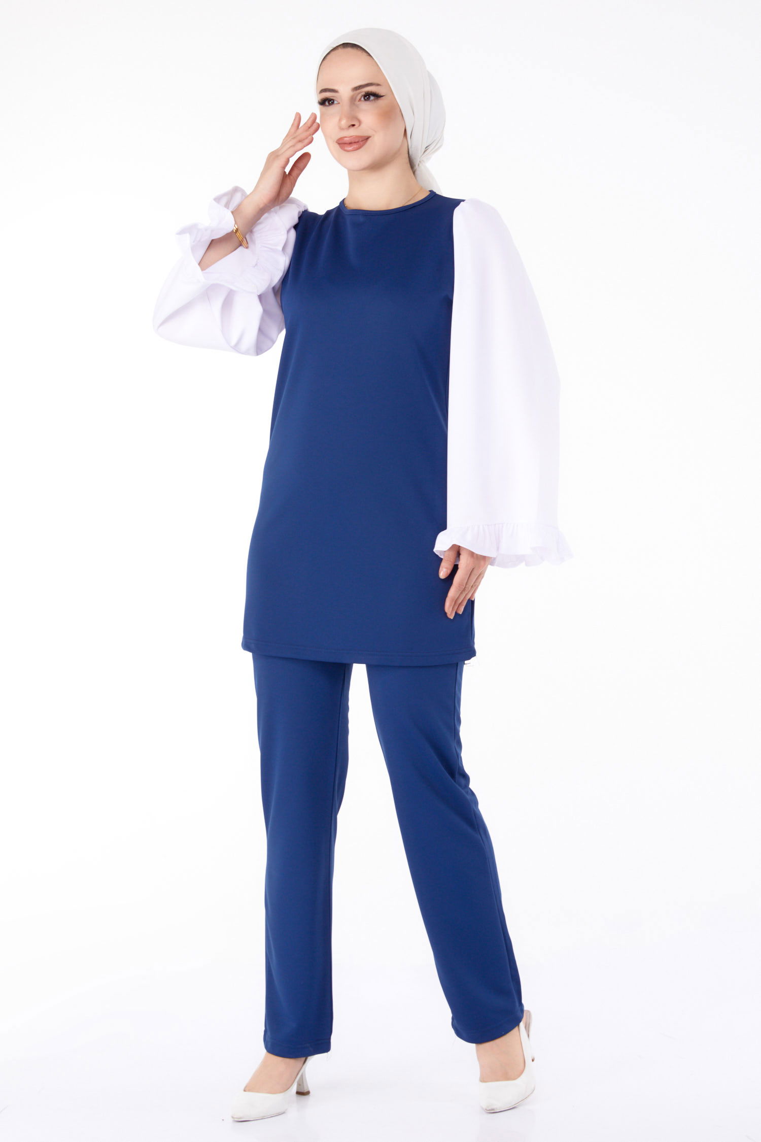 Düz Bisiklet Yaka Kadın Lacivert Tunik Pantolon İkili Takım - 13198 - 3