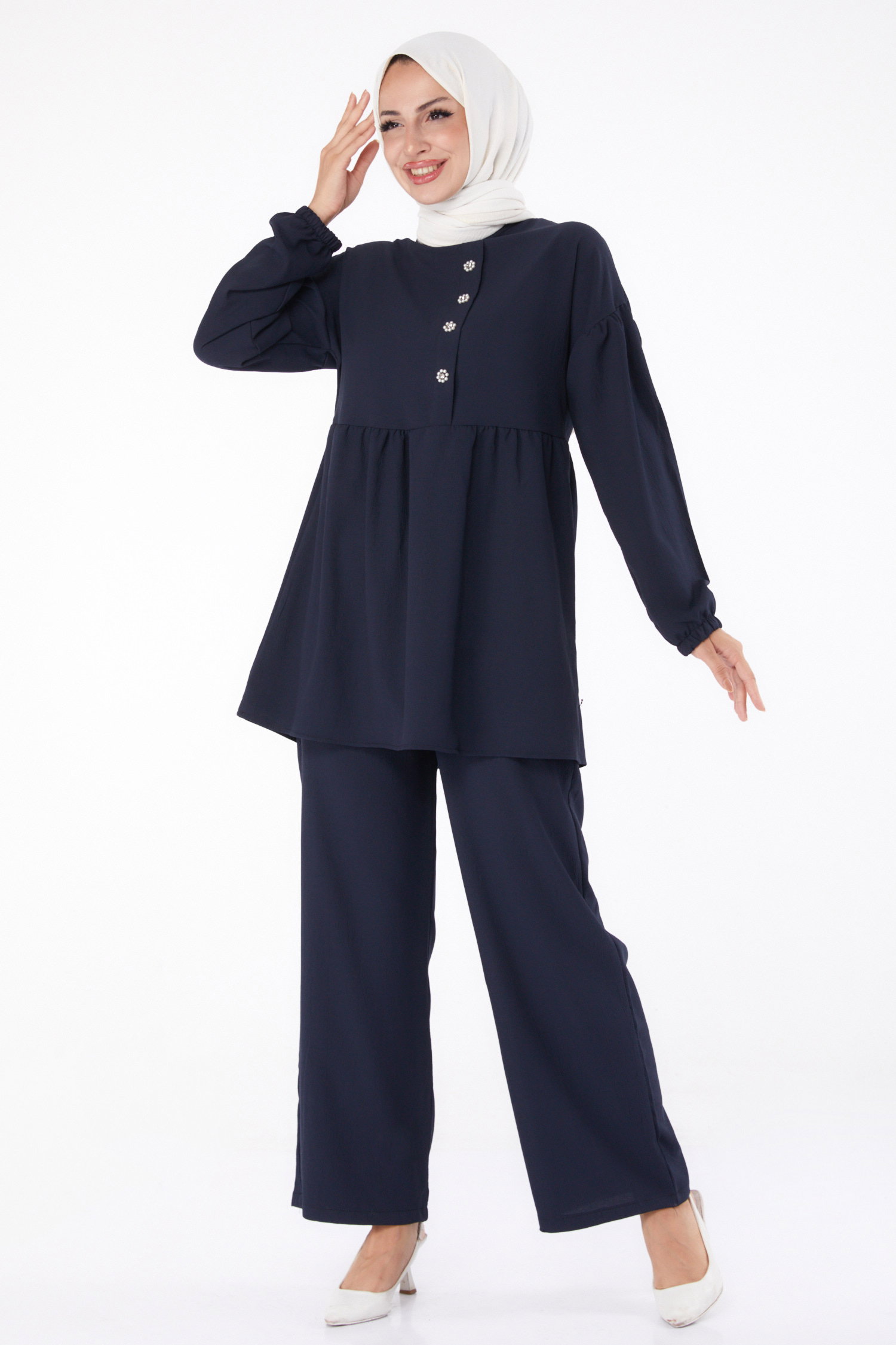 Düz Bisiklet Yaka Kadın Lacivert Tunik+Pantolon - 11629 - 1