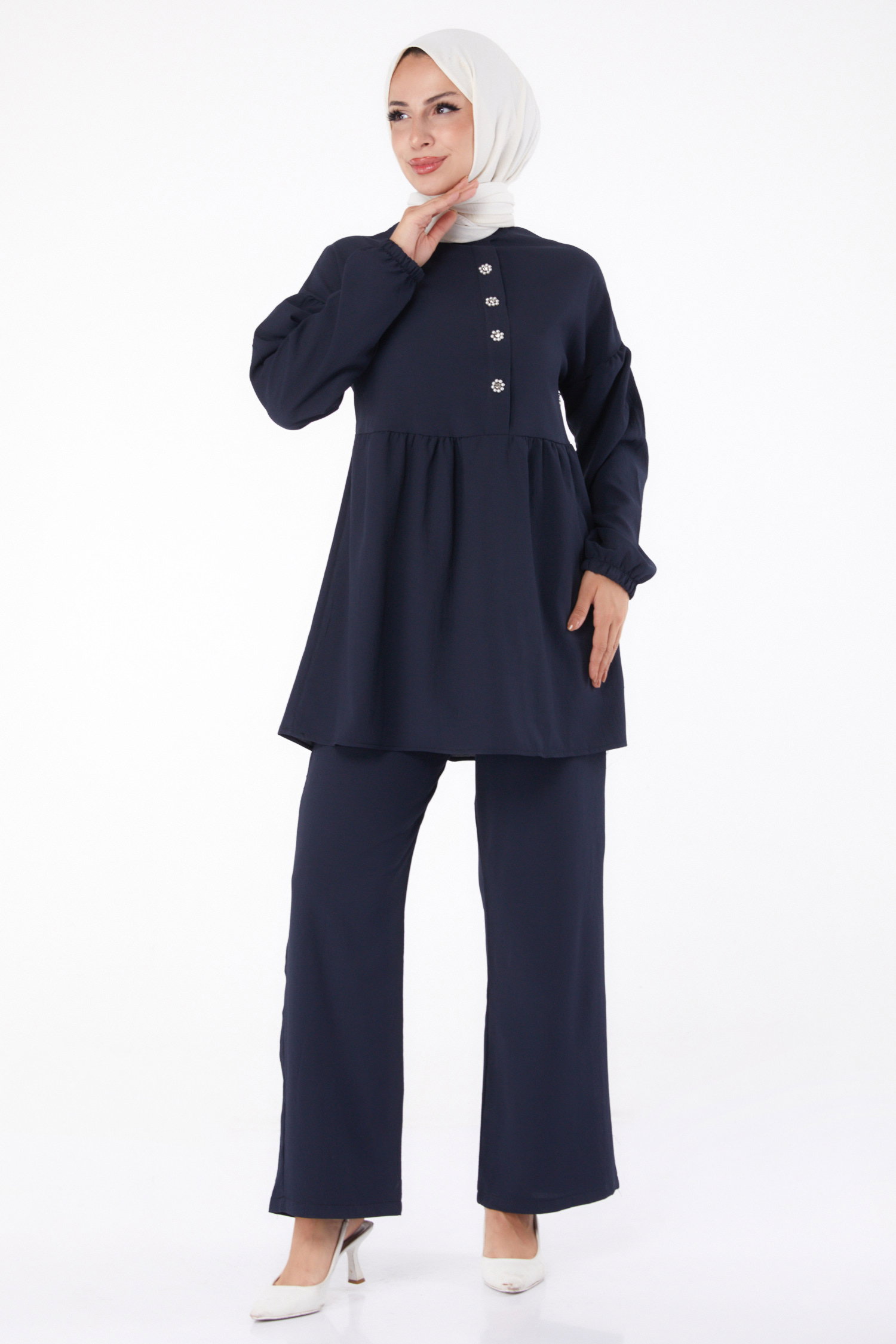 Düz Bisiklet Yaka Kadın Lacivert Tunik+Pantolon - 11629 - 2