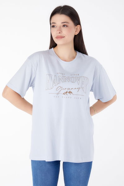 Düz Bisiklet Yaka Kadın Lila Baskılı Kısa Kollu T-Shirt - 25388 