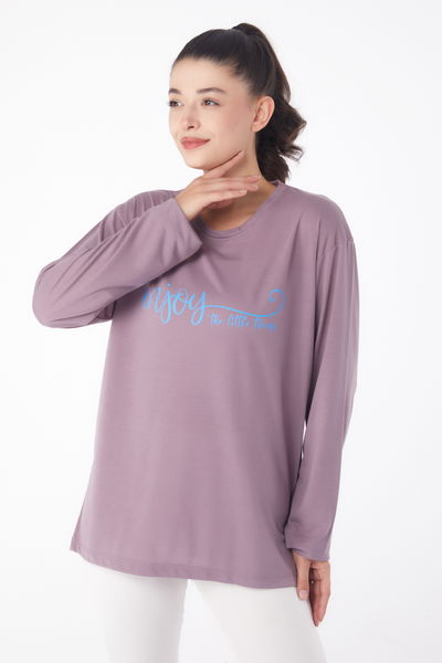 Düz Bisiklet Yaka Kadın Lila Baskılı Sweat - 26240 