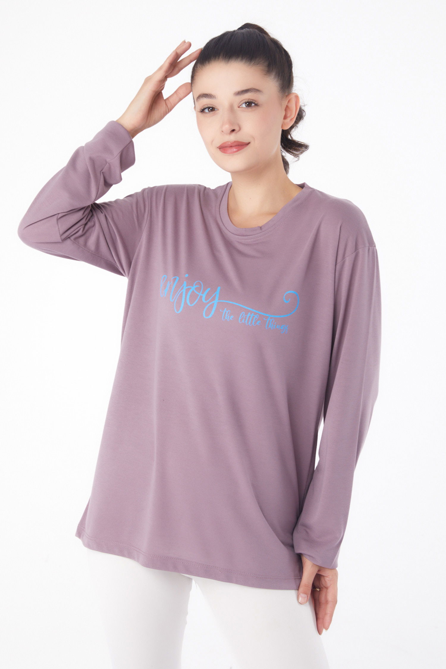 Düz Bisiklet Yaka Kadın Lila Baskılı Sweat - 26240 - 2
