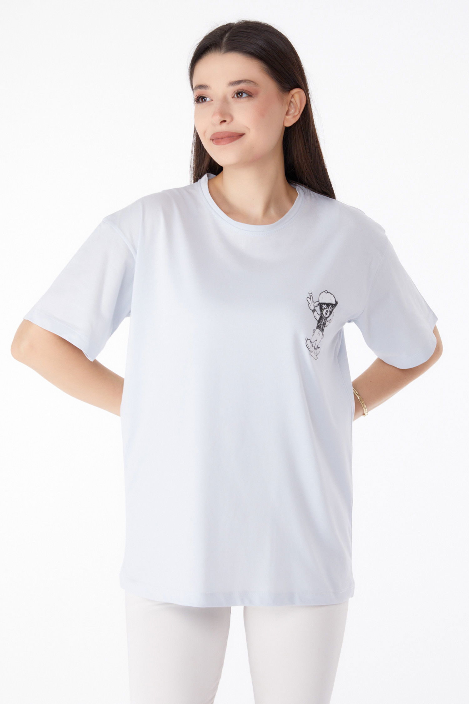 Düz Bisiklet Yaka Kadın Lila Baskılı T-shirt - 25287 - 1