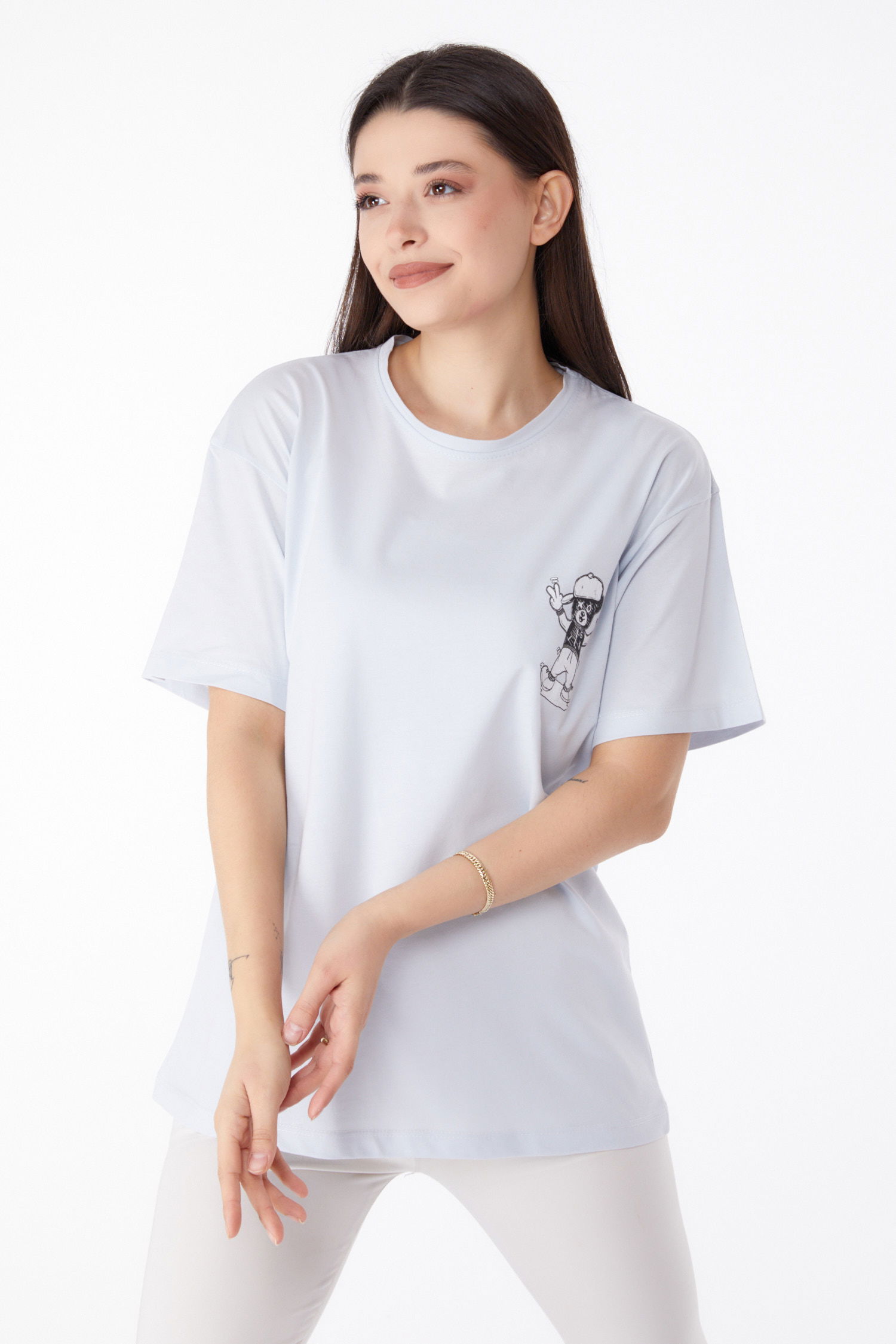 Düz Bisiklet Yaka Kadın Lila Baskılı T-shirt - 25287 - 3