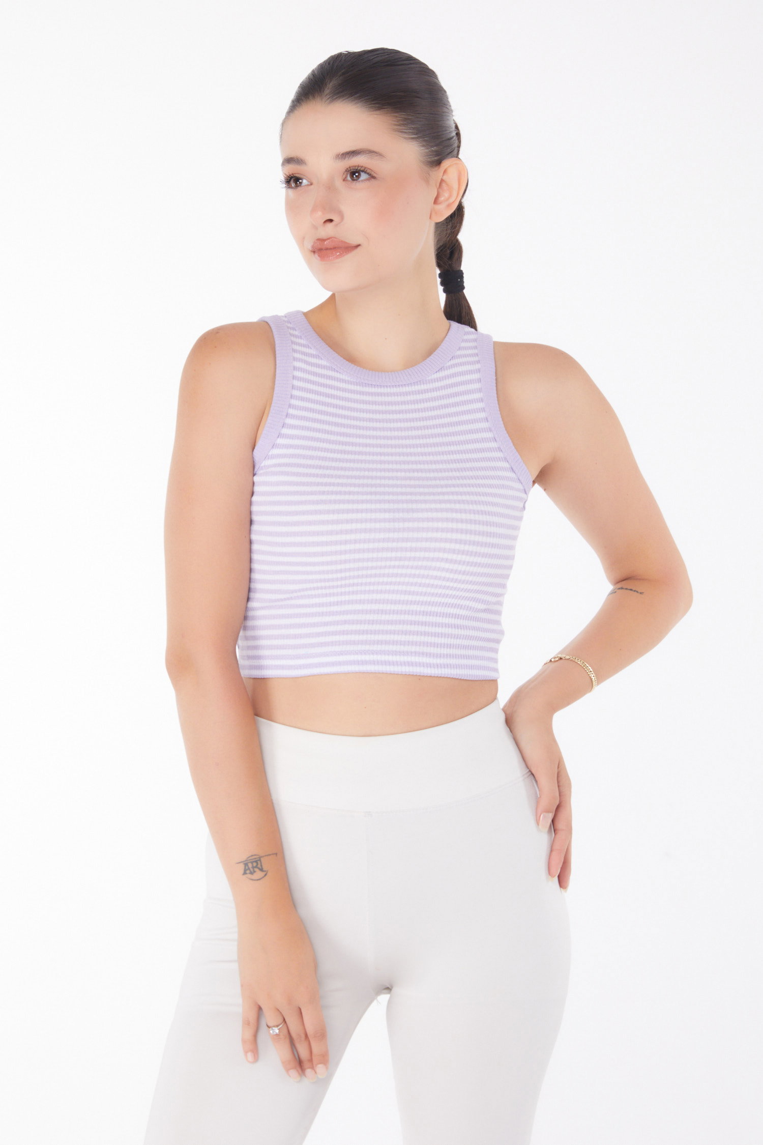 Düz Bisiklet Yaka Kadın Lila Çizgili Crop - 25958 - 1