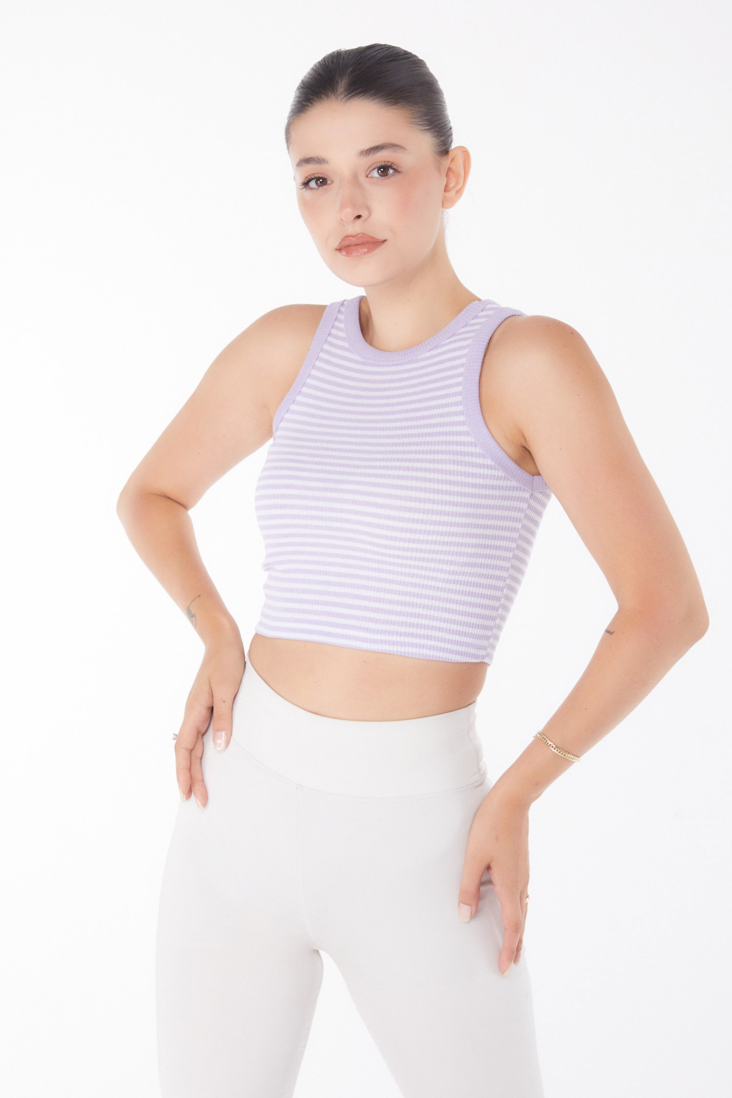 Düz Bisiklet Yaka Kadın Lila Çizgili Crop - 25958 - 3