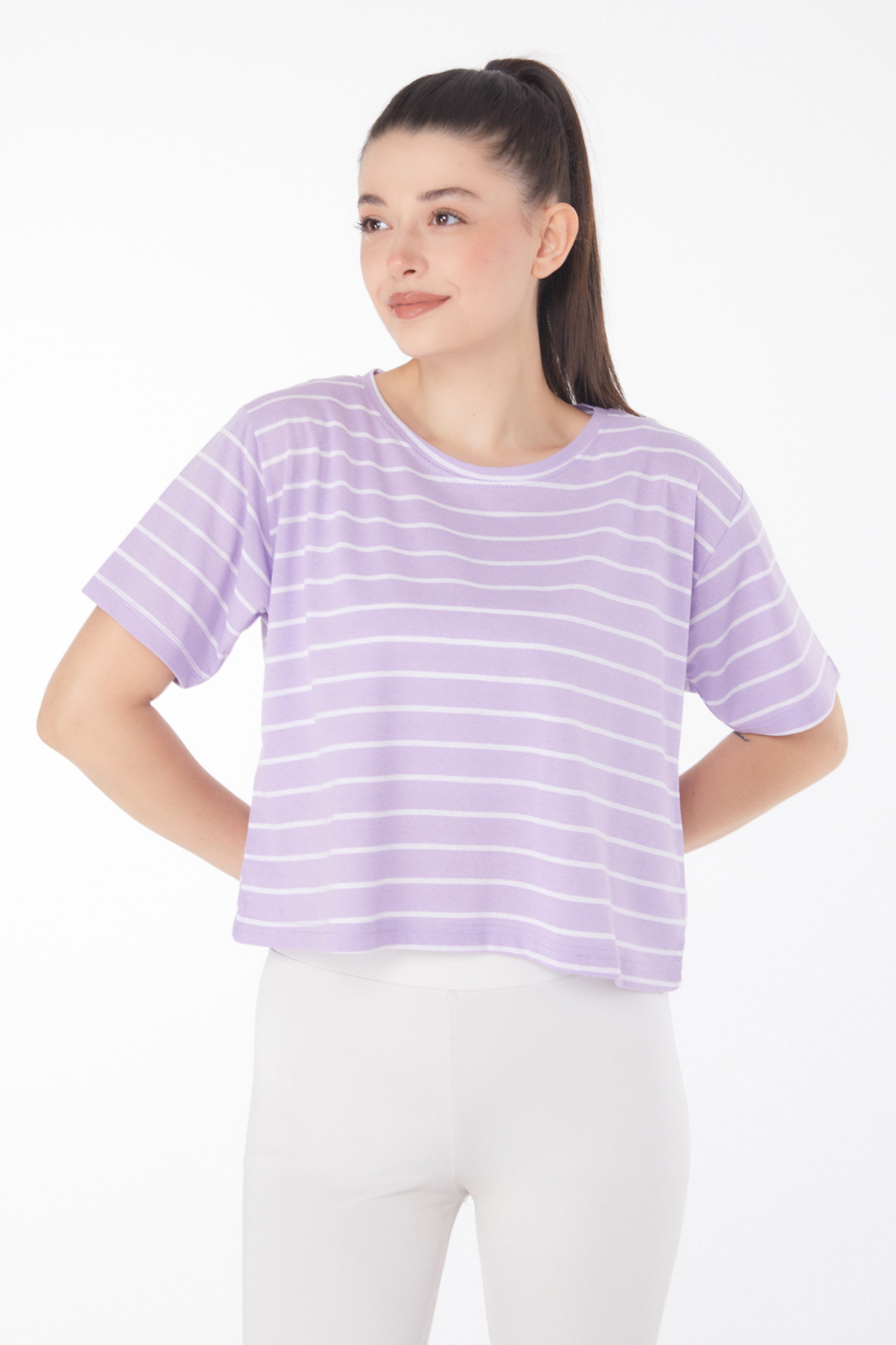 Düz Bisiklet Yaka Kadın Lila Çizgili Kısa Kollu Crop - 25842 - 1