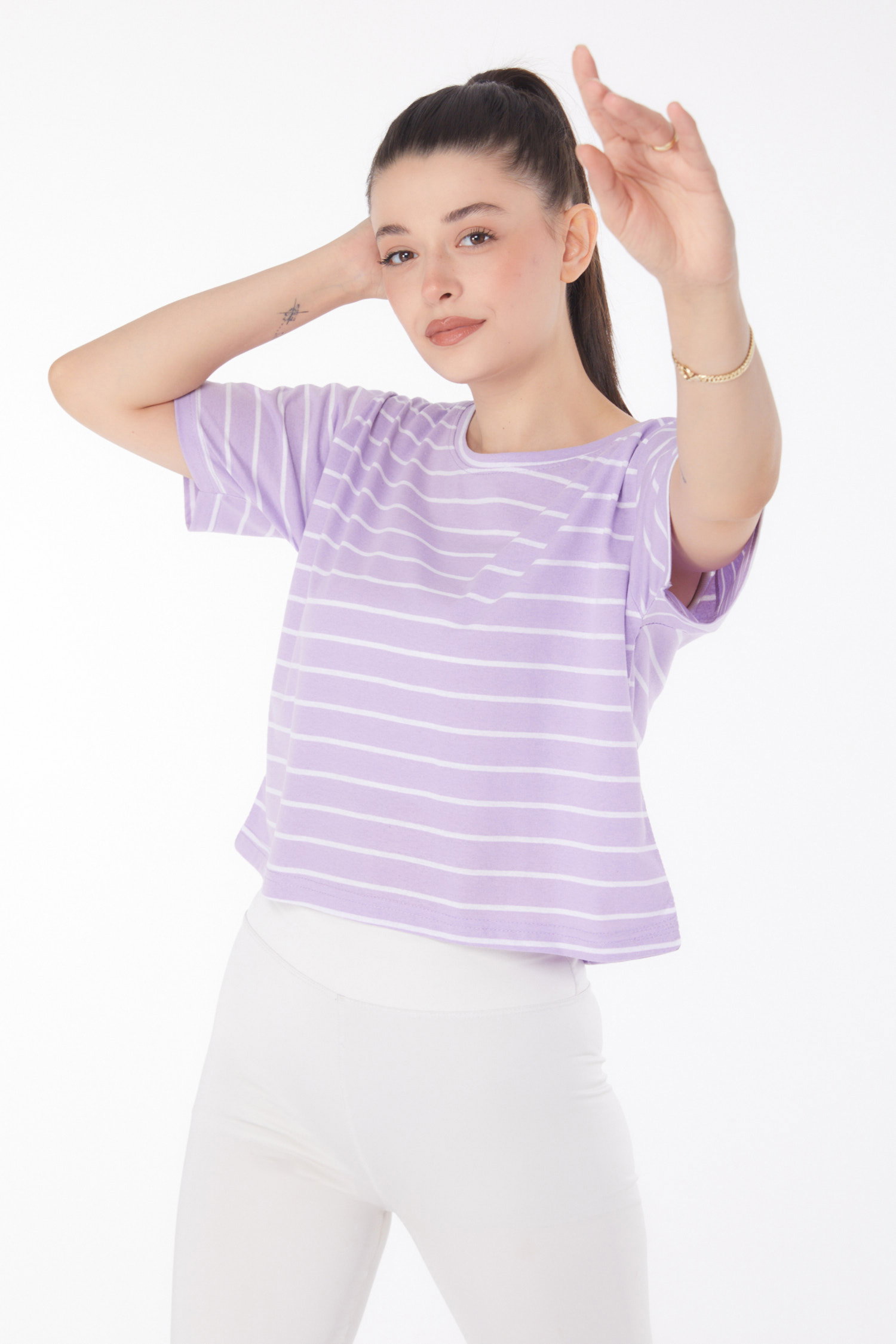 Düz Bisiklet Yaka Kadın Lila Çizgili Kısa Kollu Crop - 25842 - 2