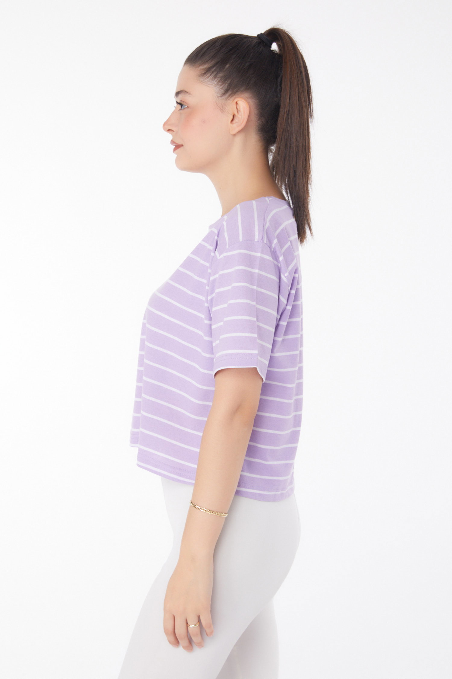 Düz Bisiklet Yaka Kadın Lila Çizgili Kısa Kollu Crop - 25842 - 4