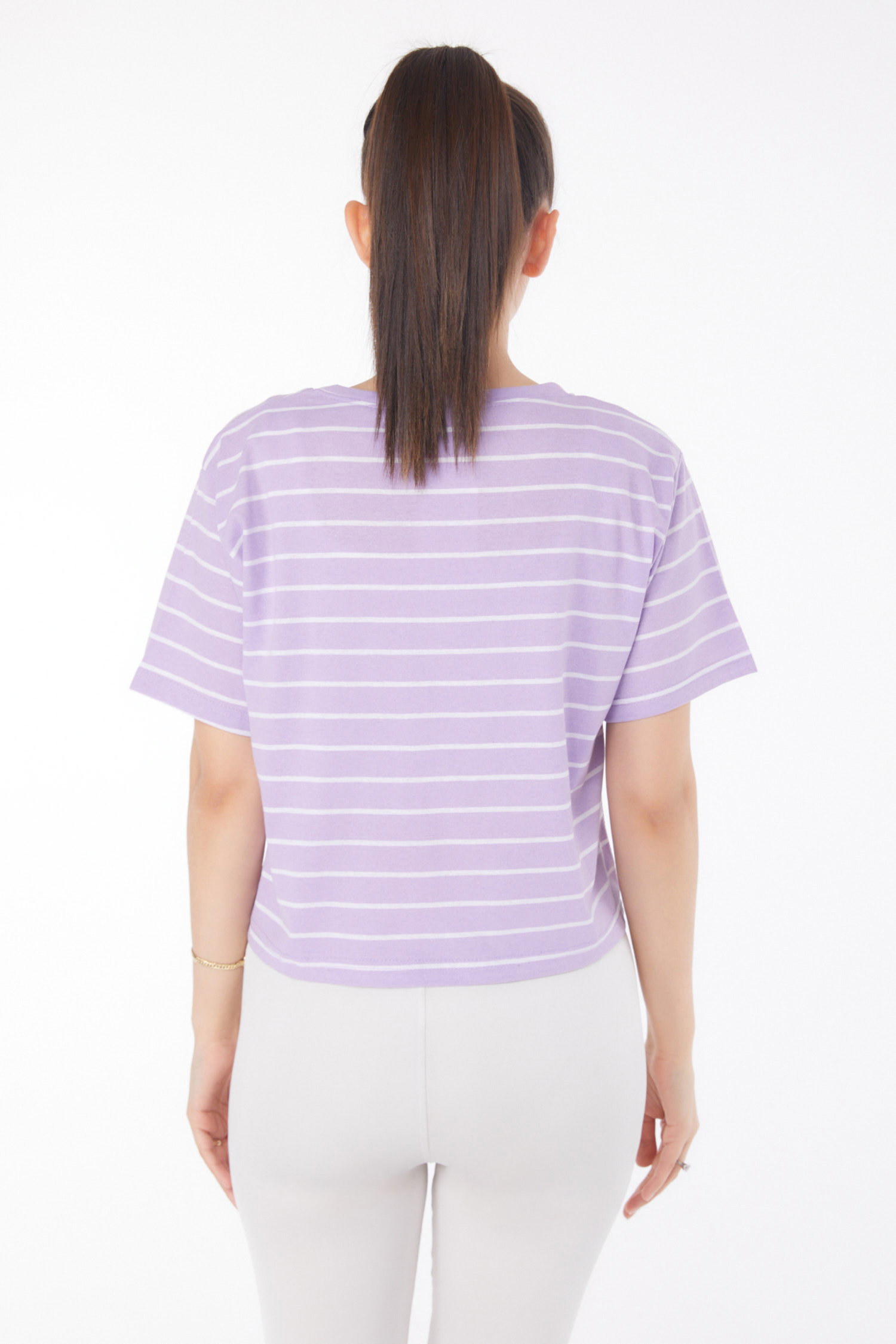 Düz Bisiklet Yaka Kadın Lila Çizgili Kısa Kollu Crop - 25842 - 5