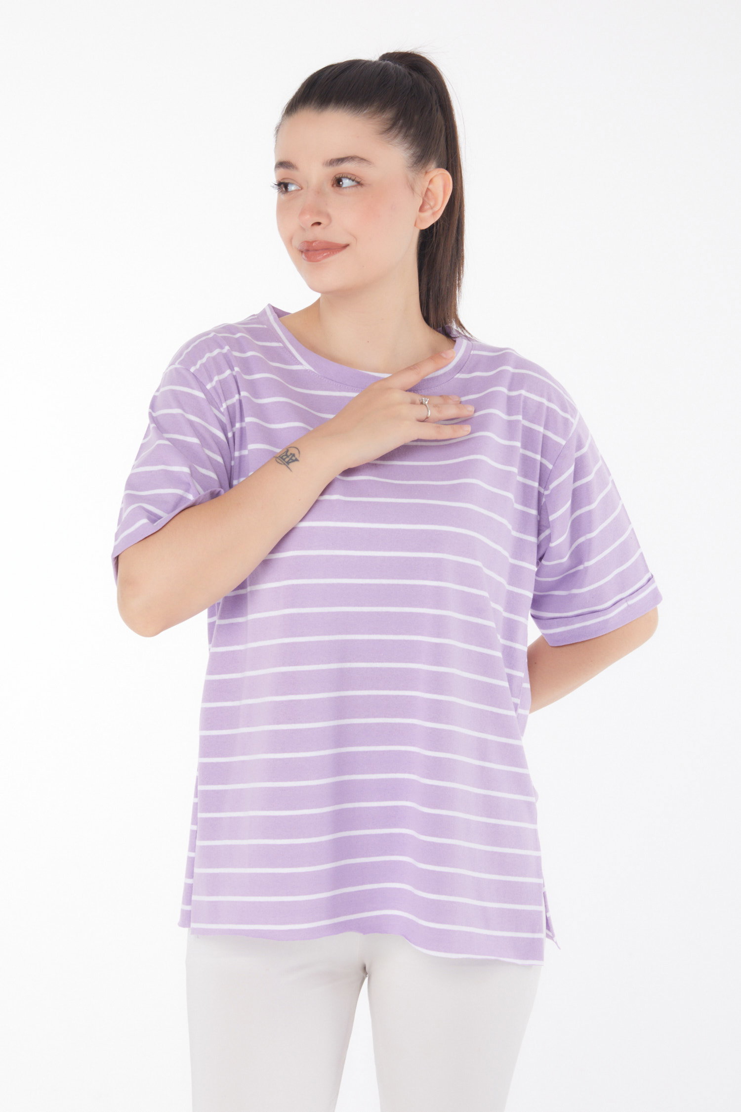 Çizgili Kısa Kollu T-shirt Lila - 25840 - 1