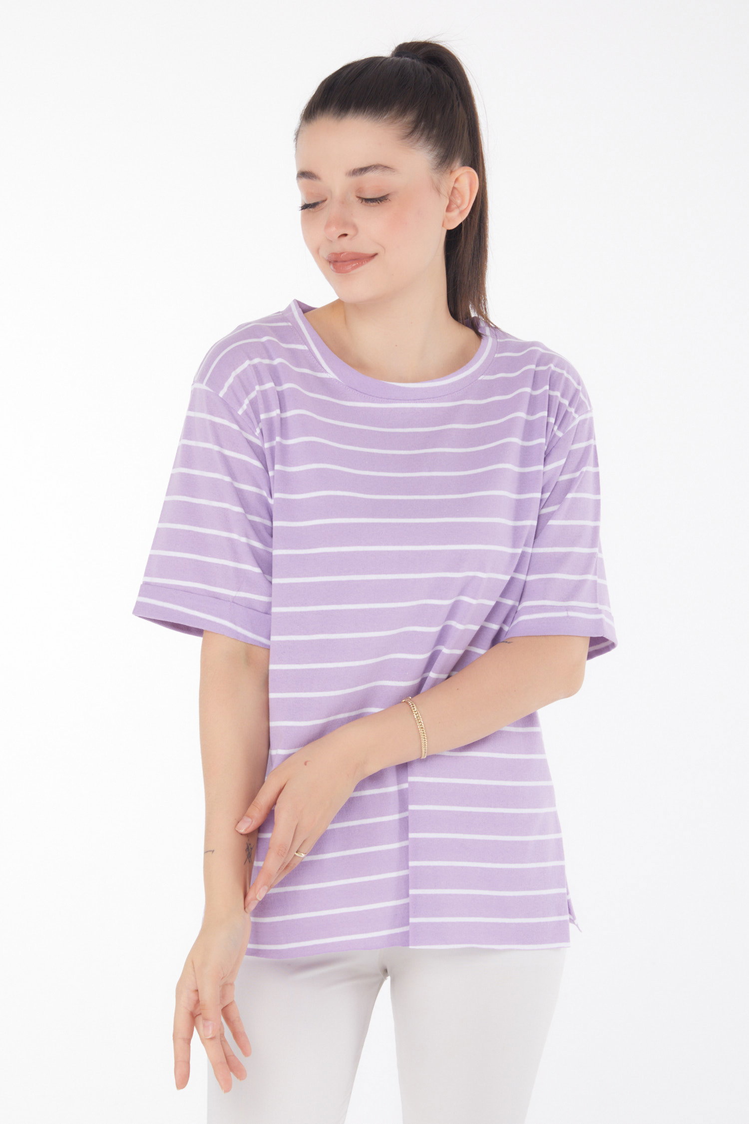 Çizgili Kısa Kollu T-shirt Lila - 25840 - 2