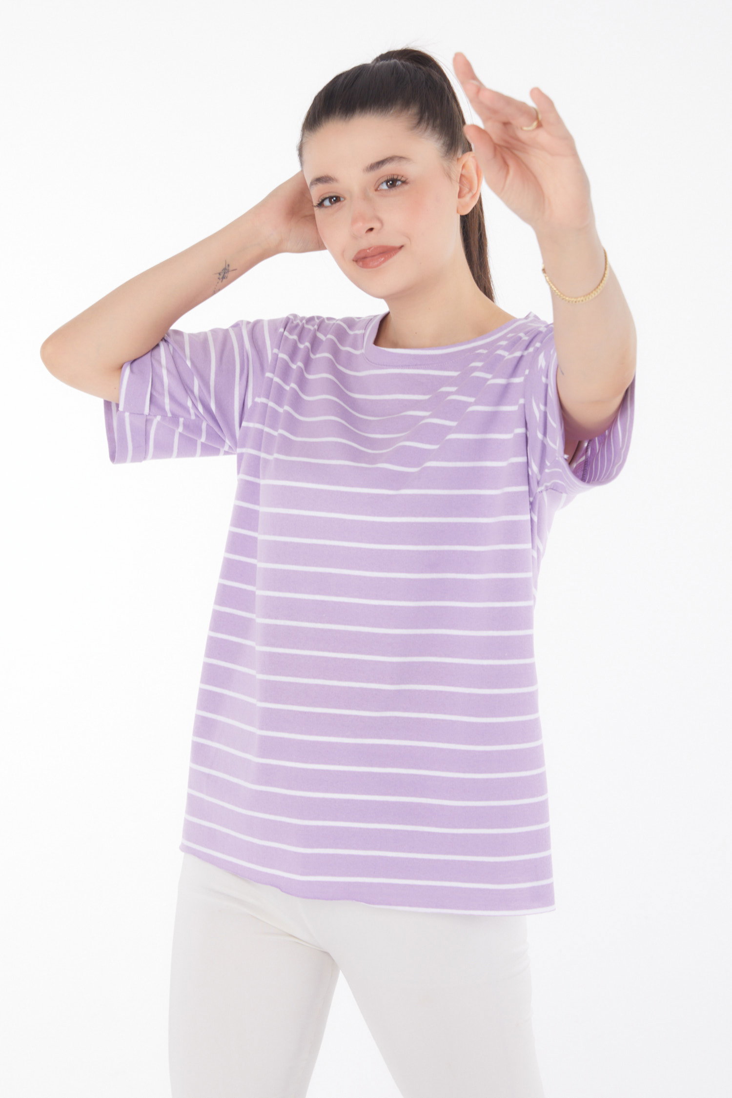 Çizgili Kısa Kollu T-shirt Lila - 25840 - 3