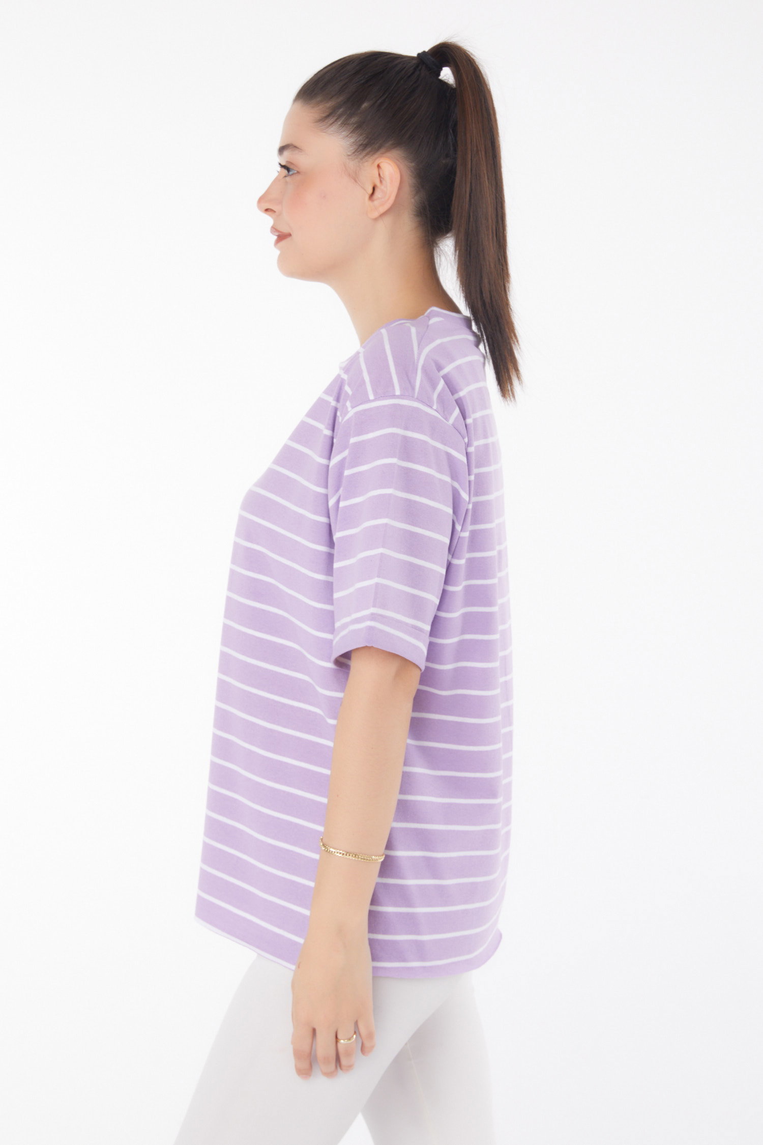 Çizgili Kısa Kollu T-shirt Lila - 25840 - 4