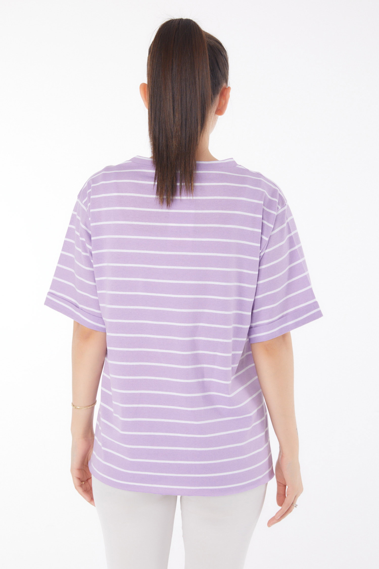 Çizgili Kısa Kollu T-shirt Lila - 25840 - 5