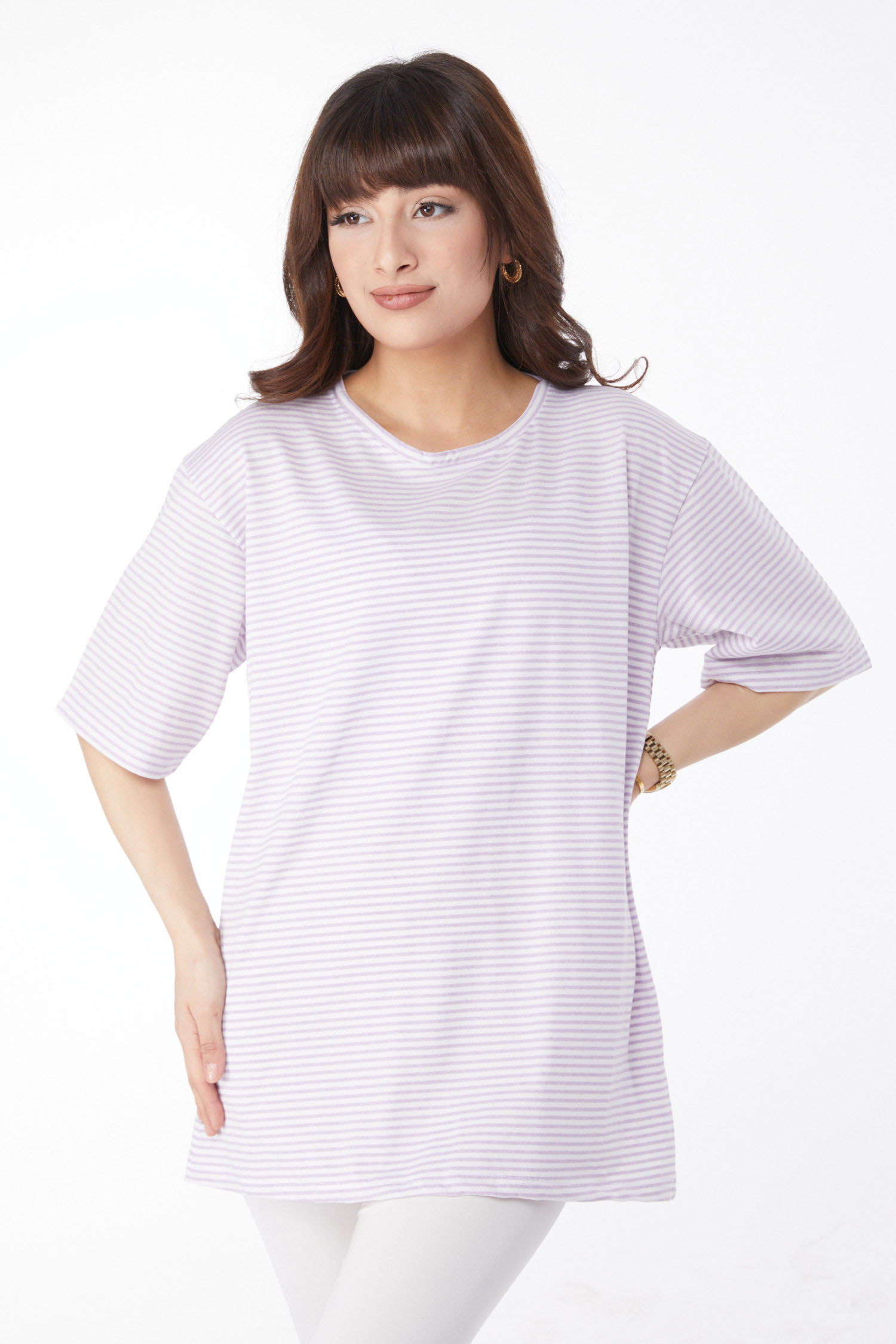 Düz Bisiklet Yaka Kadın Lila Çizglİi T-short - 25119 - 1