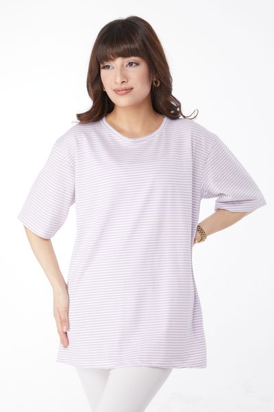 Düz Bisiklet Yaka Kadın Lila Çizglİi T-short - 25119 